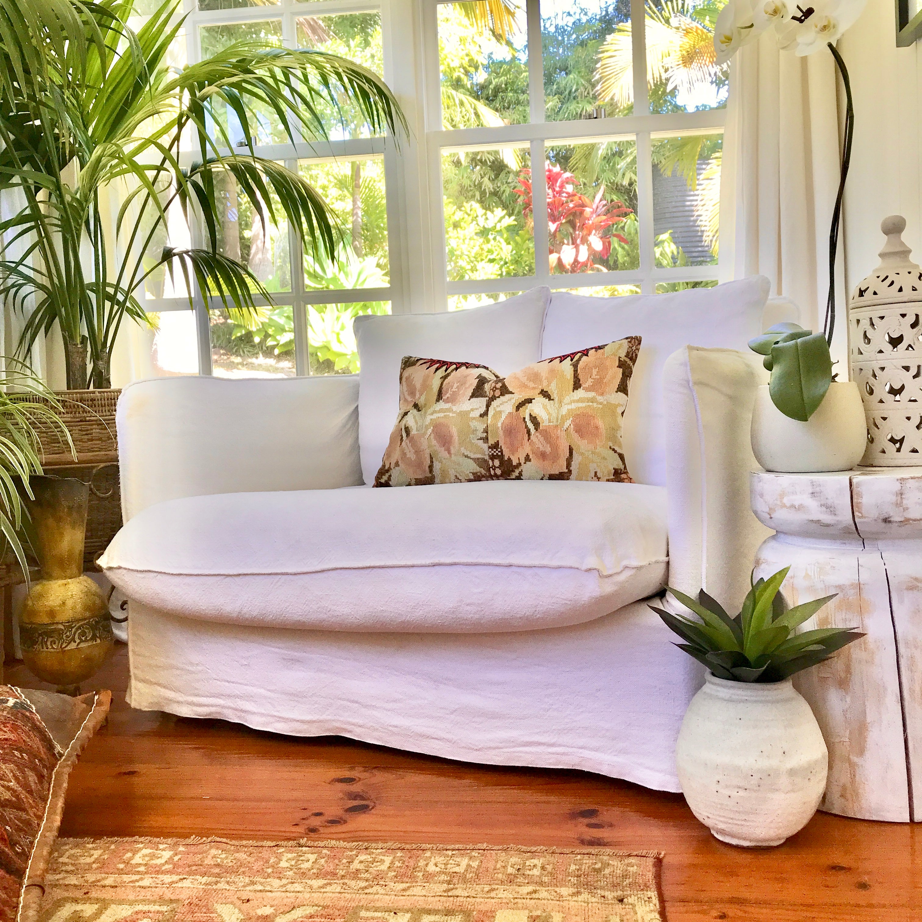 Vintage textile cushions made from a Guatemalan huipil and corte