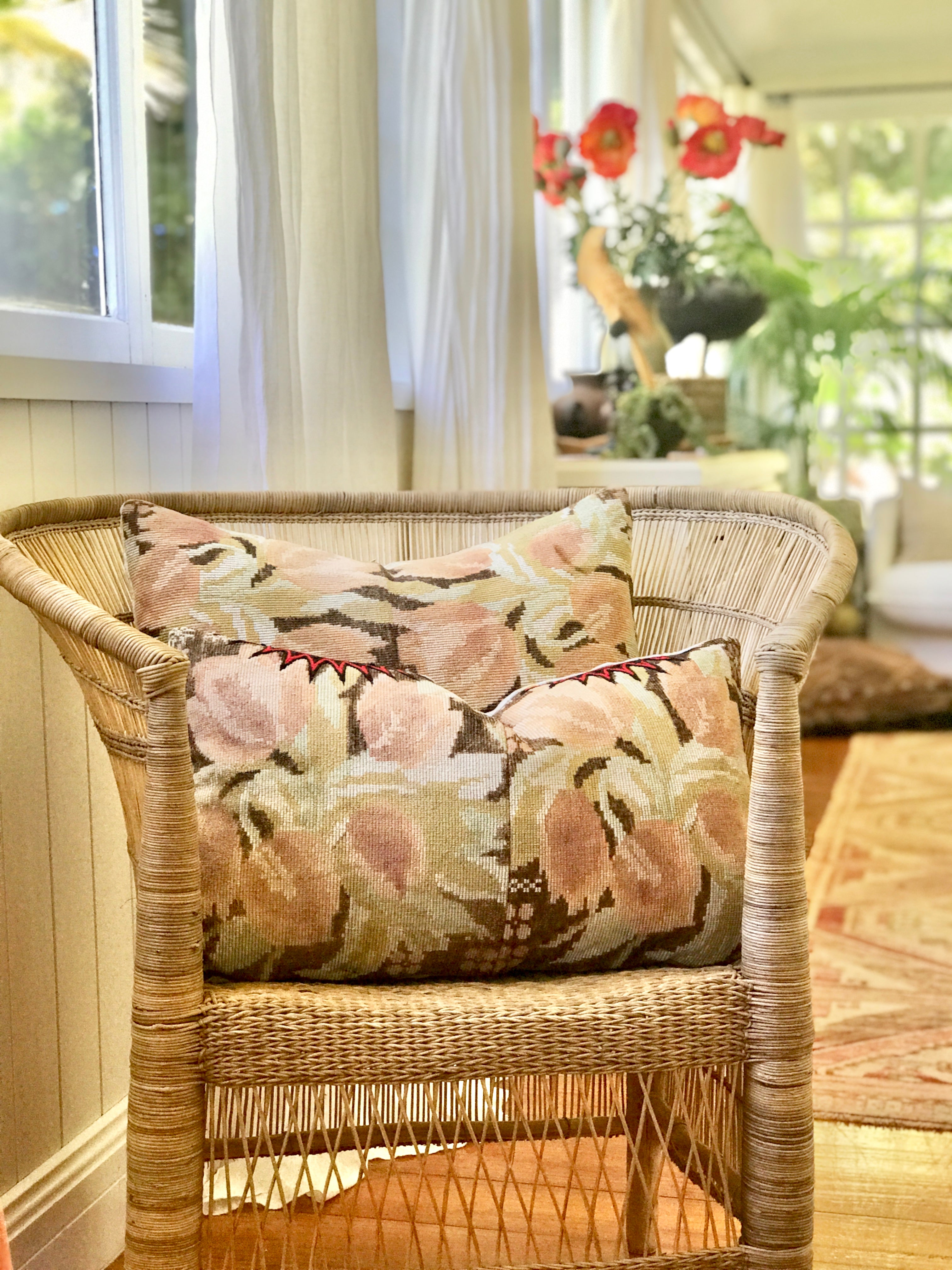 Vintage textile cushions made from a Guatemalan huipil and corte
