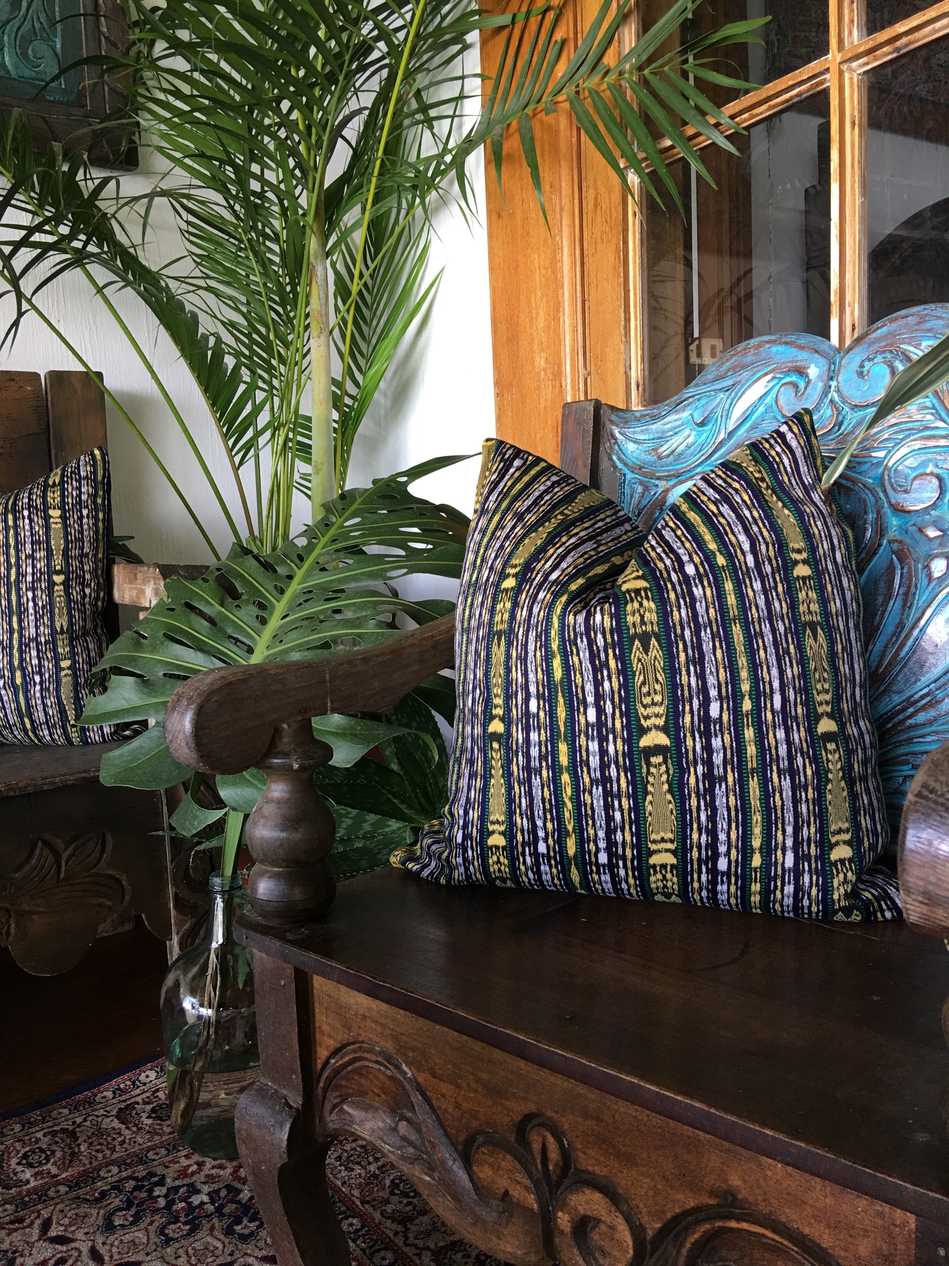 Guatemalan Textile Pillow, vintage, hand woven blue and yellow striped ikat throw cushion