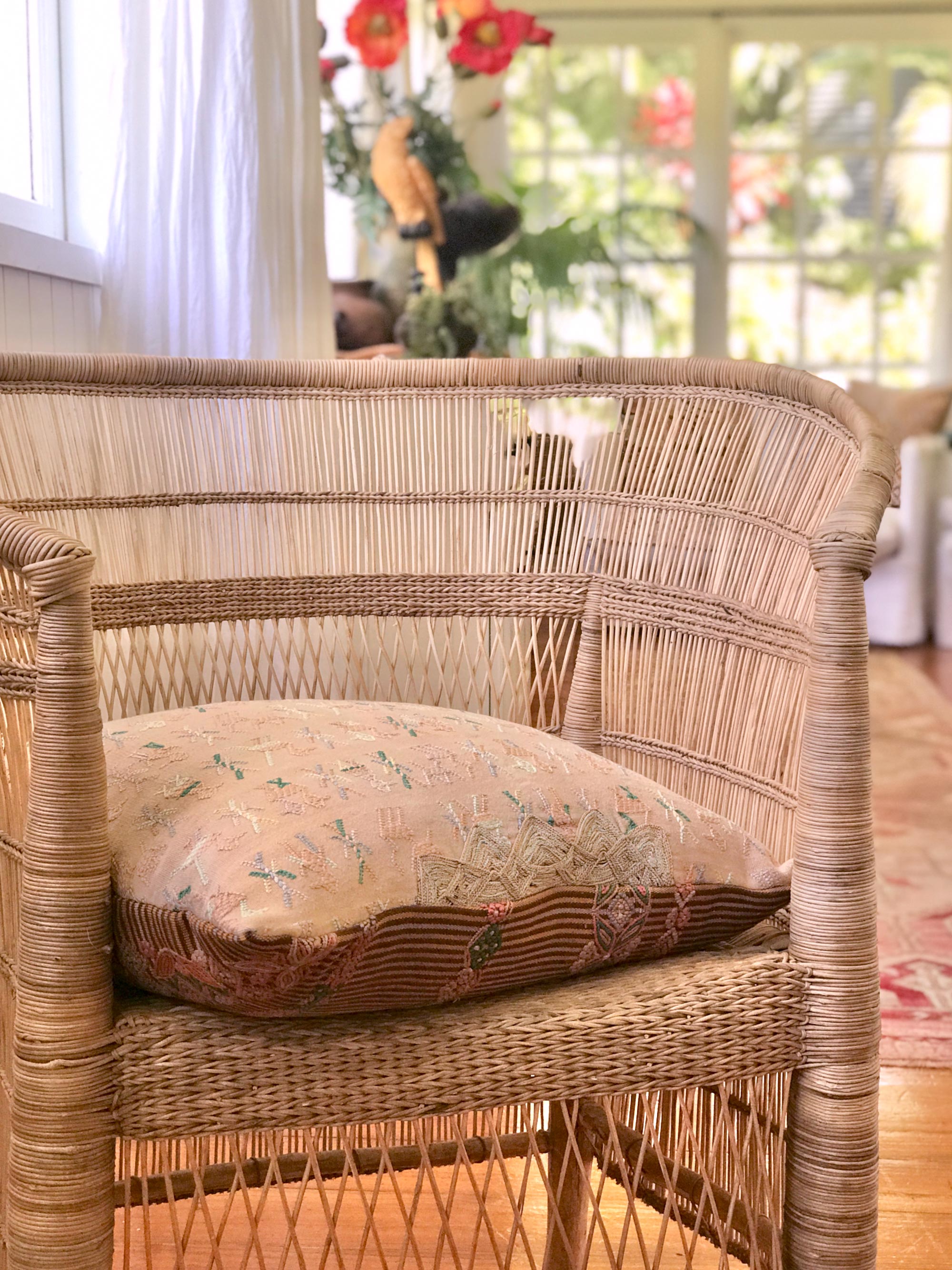Vintage textile cushions made from a Guatemalan huipil and corte.