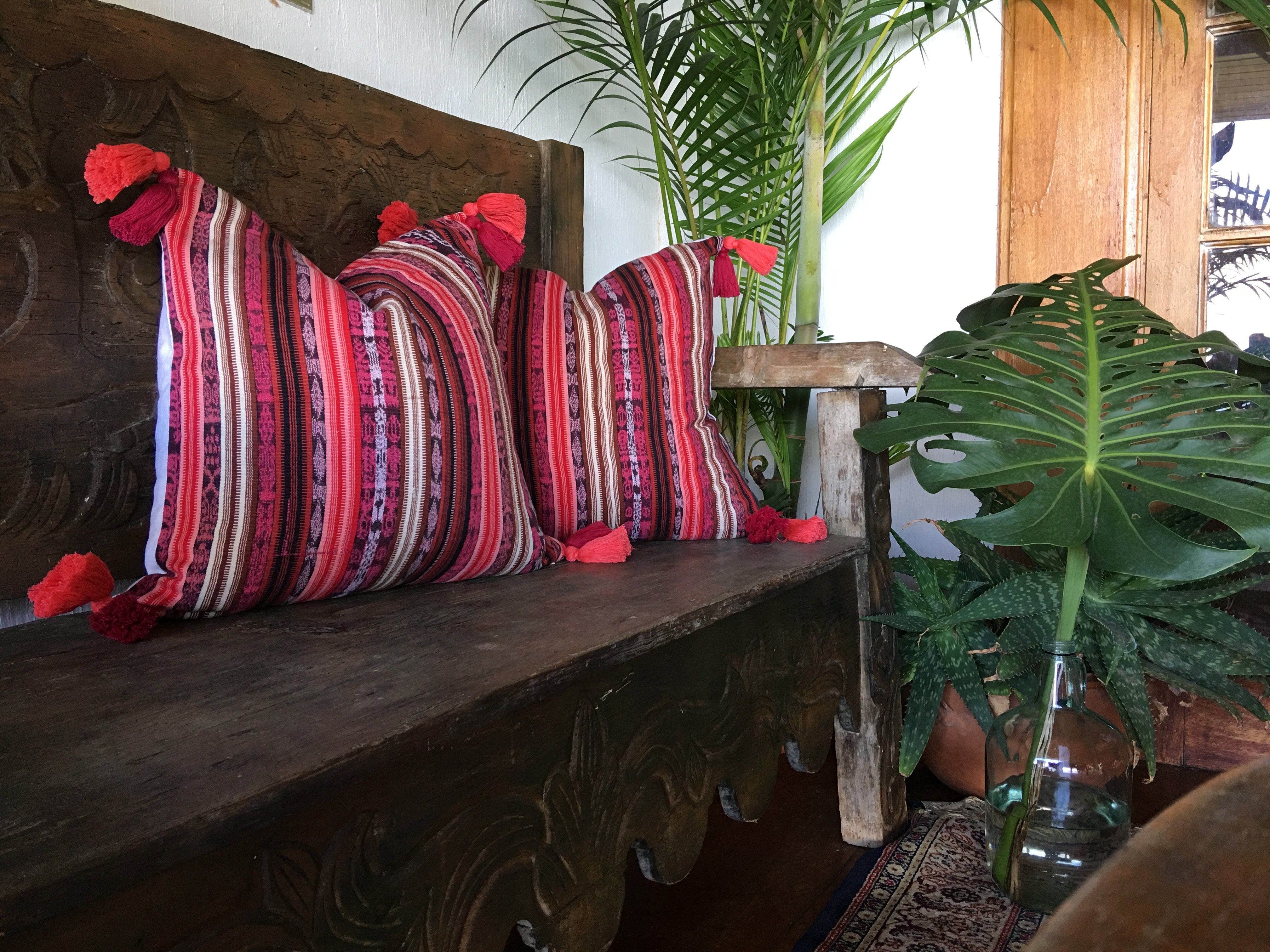 Guatemalan Textile Pillow, vintage, hand woven pink striped ikat throw cushion with tassels