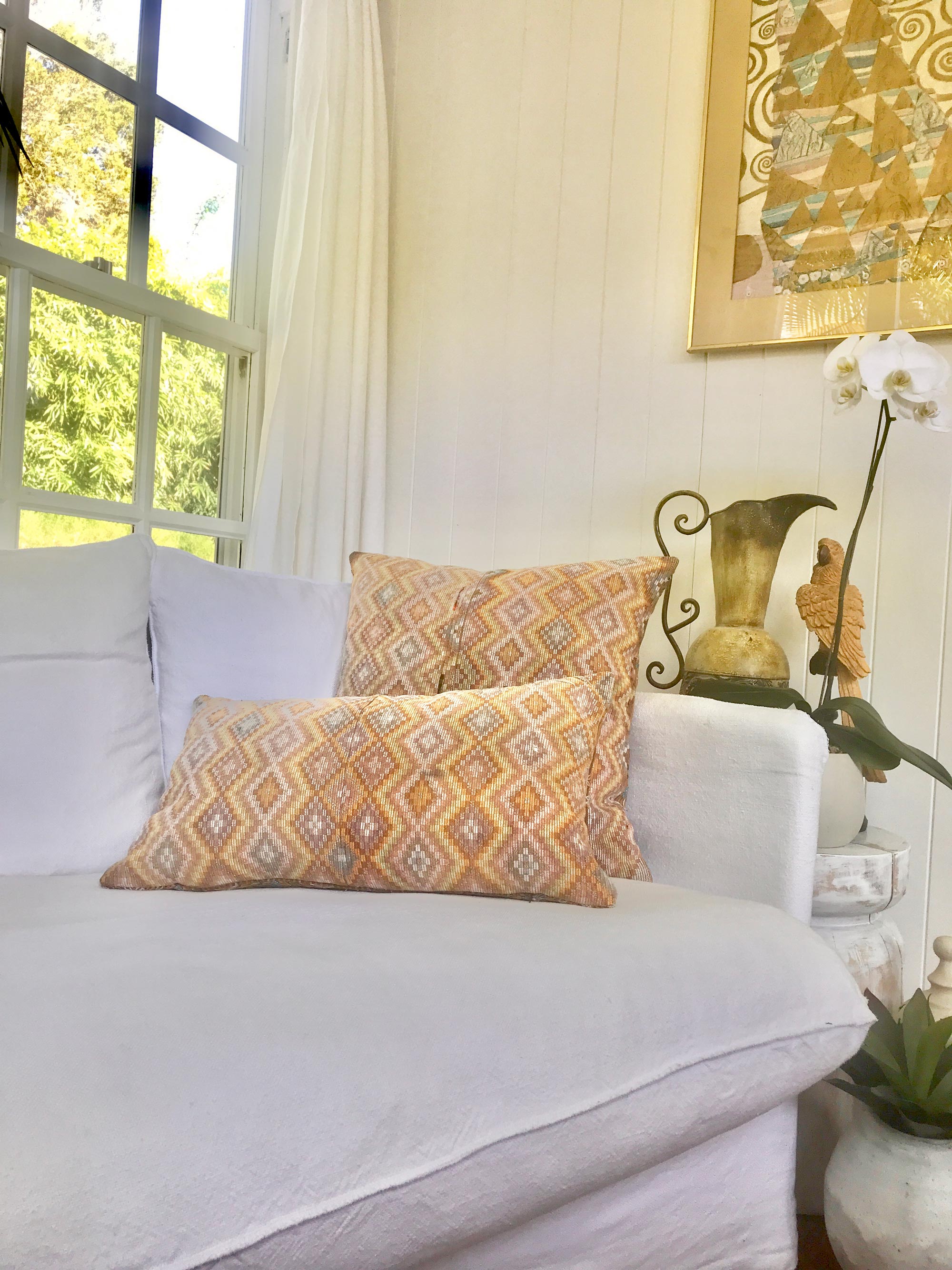 Vintage textile pillows made from a Guatemalan huipil and corte