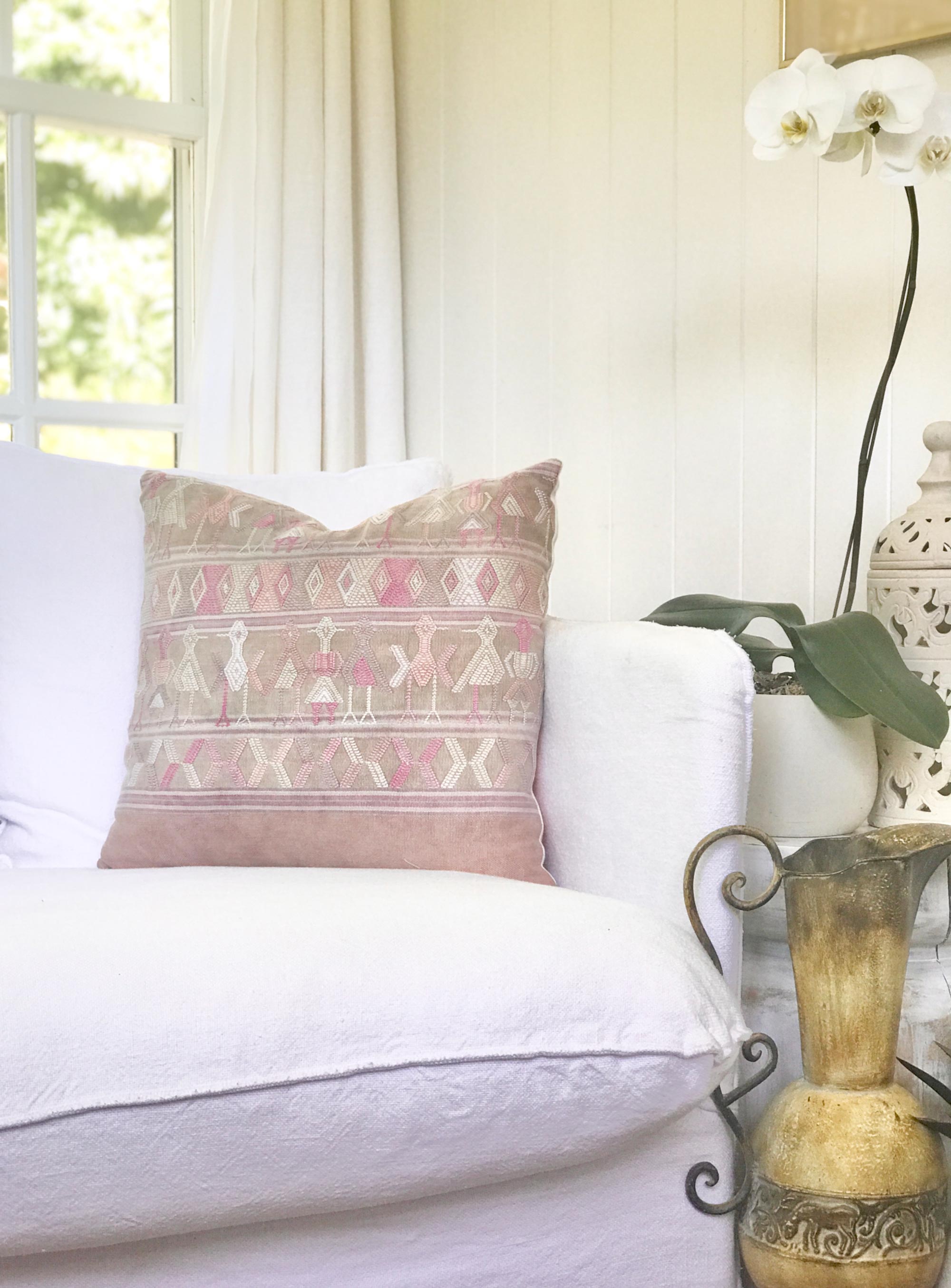 Vintage textile pillows made from a Guatemalan huipil and corte