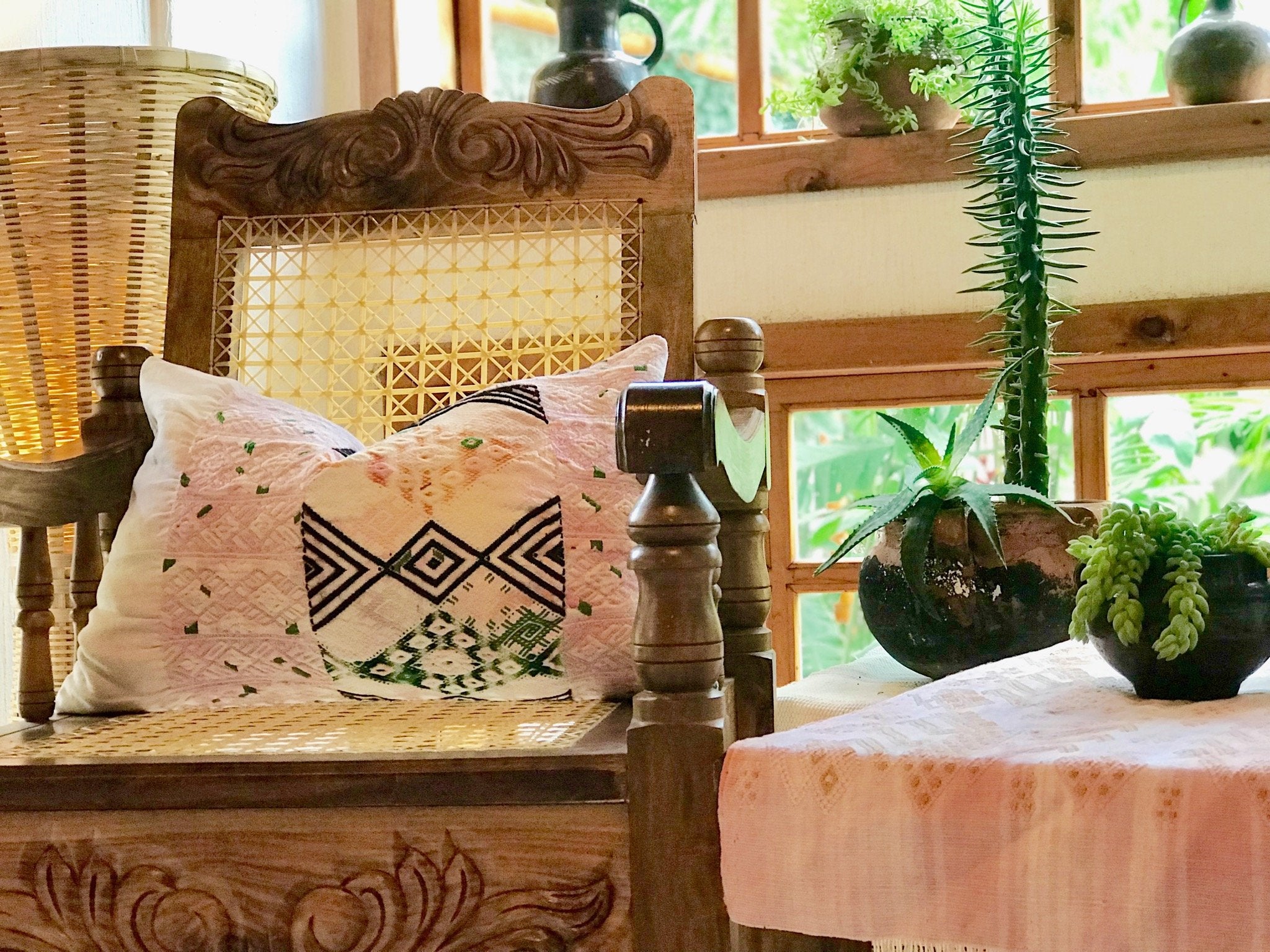 Guatemalan Huipil Pillow, vintage, hand woven pastel pink lumbar cushion from Nahuala