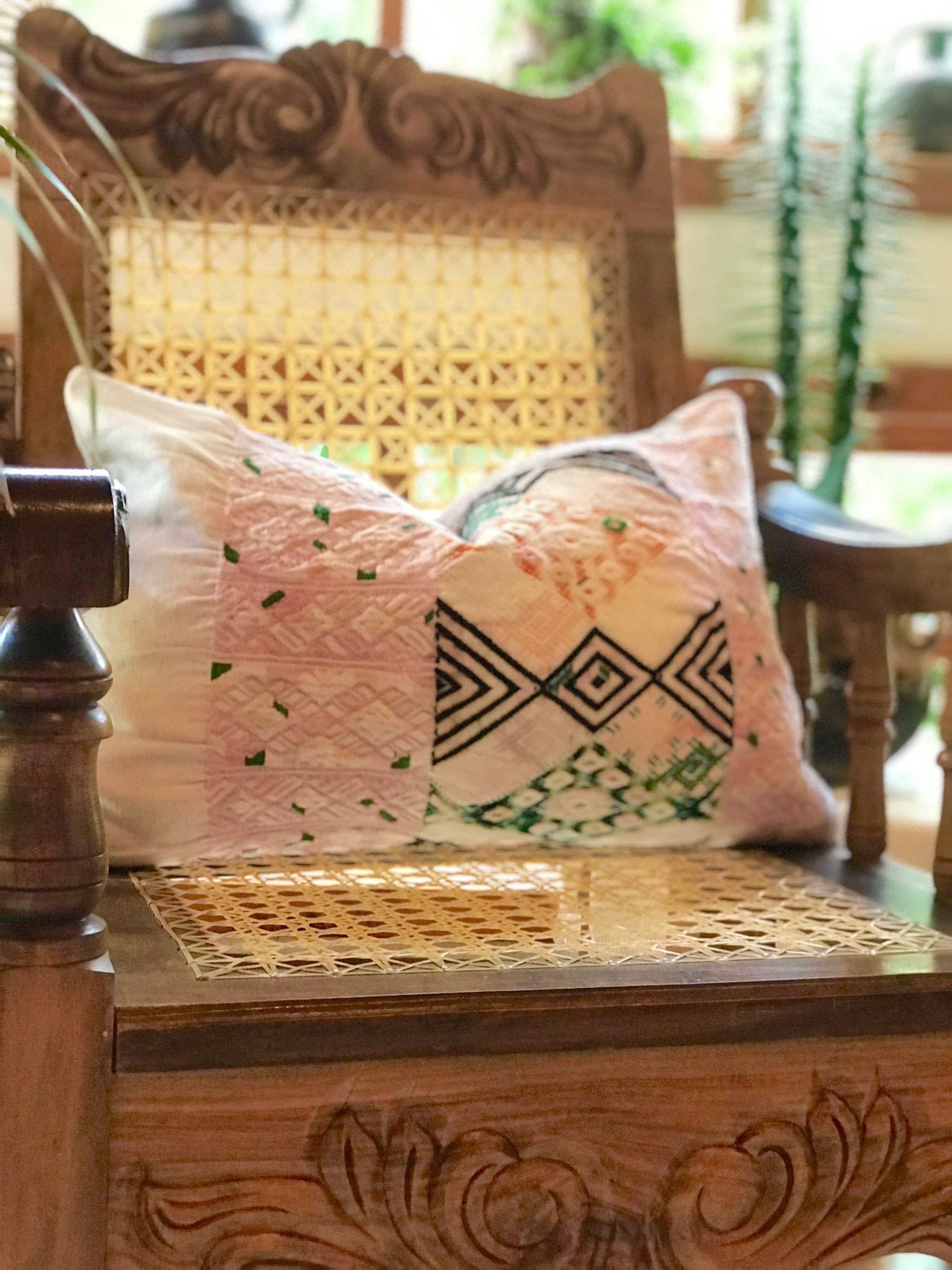 Guatemalan Huipil Pillow, vintage, hand woven pastel pink lumbar cushion from Nahuala