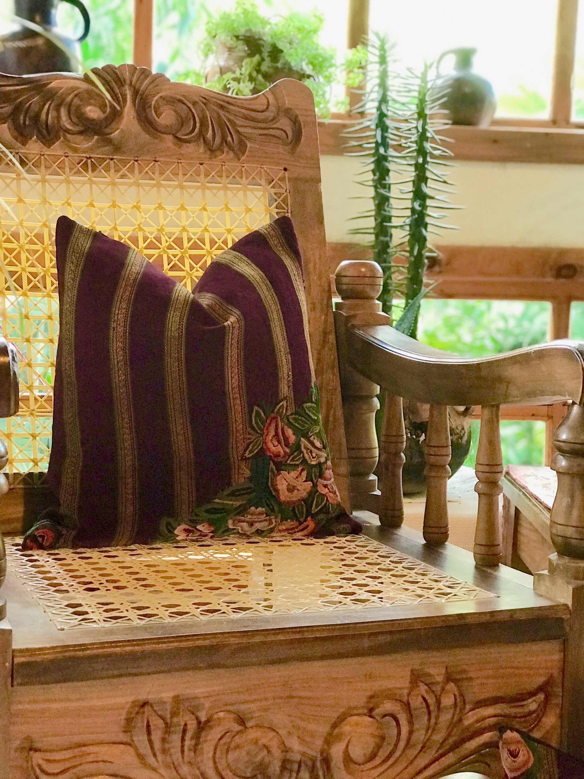 Guatemalan Huipil Pillow, vintage, hand woven burgundy floral and striped throw cushion from Patzun