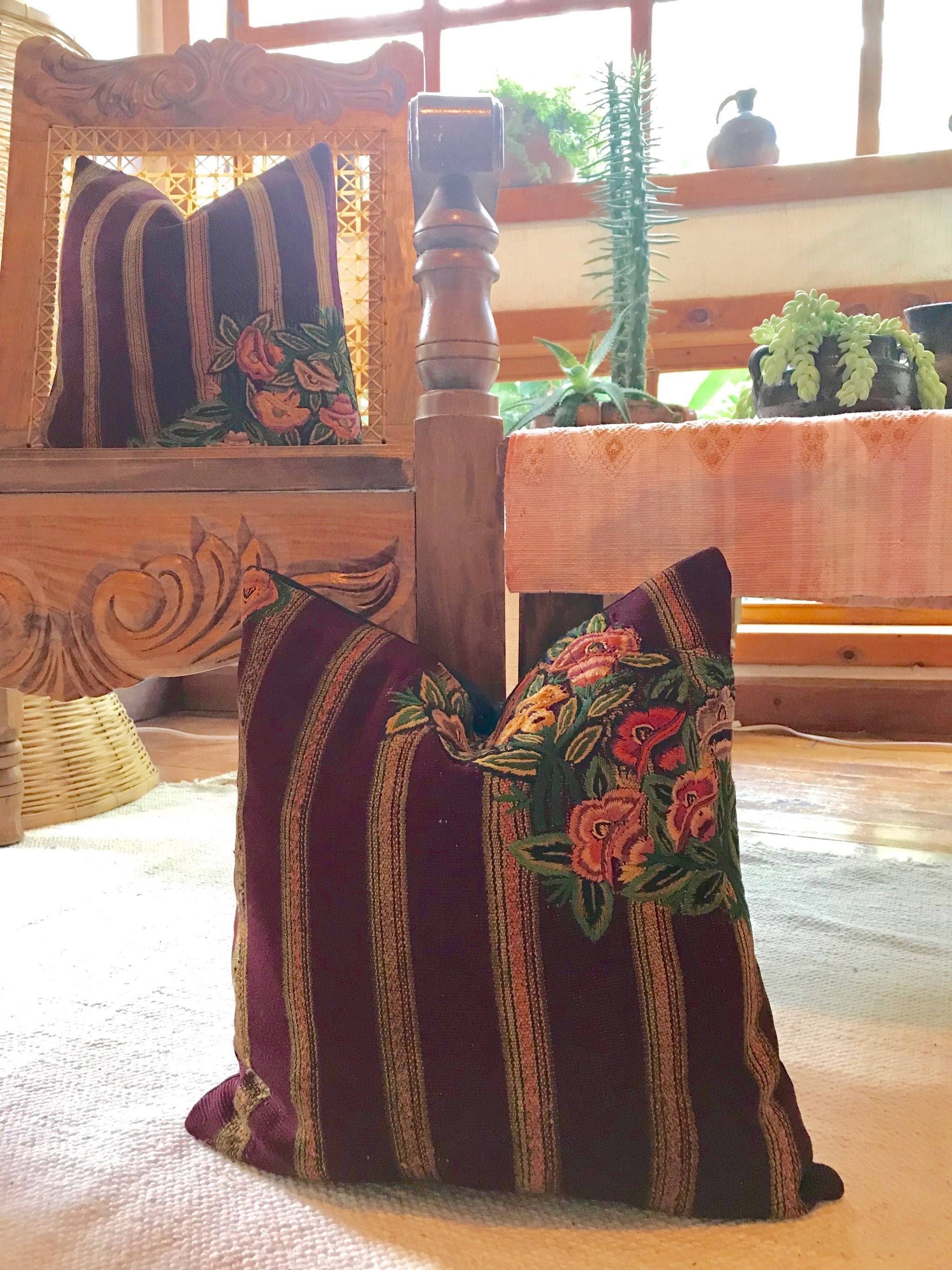 Guatemalan Huipil Pillow, vintage, hand woven burgundy floral and striped throw cushion from Patzun