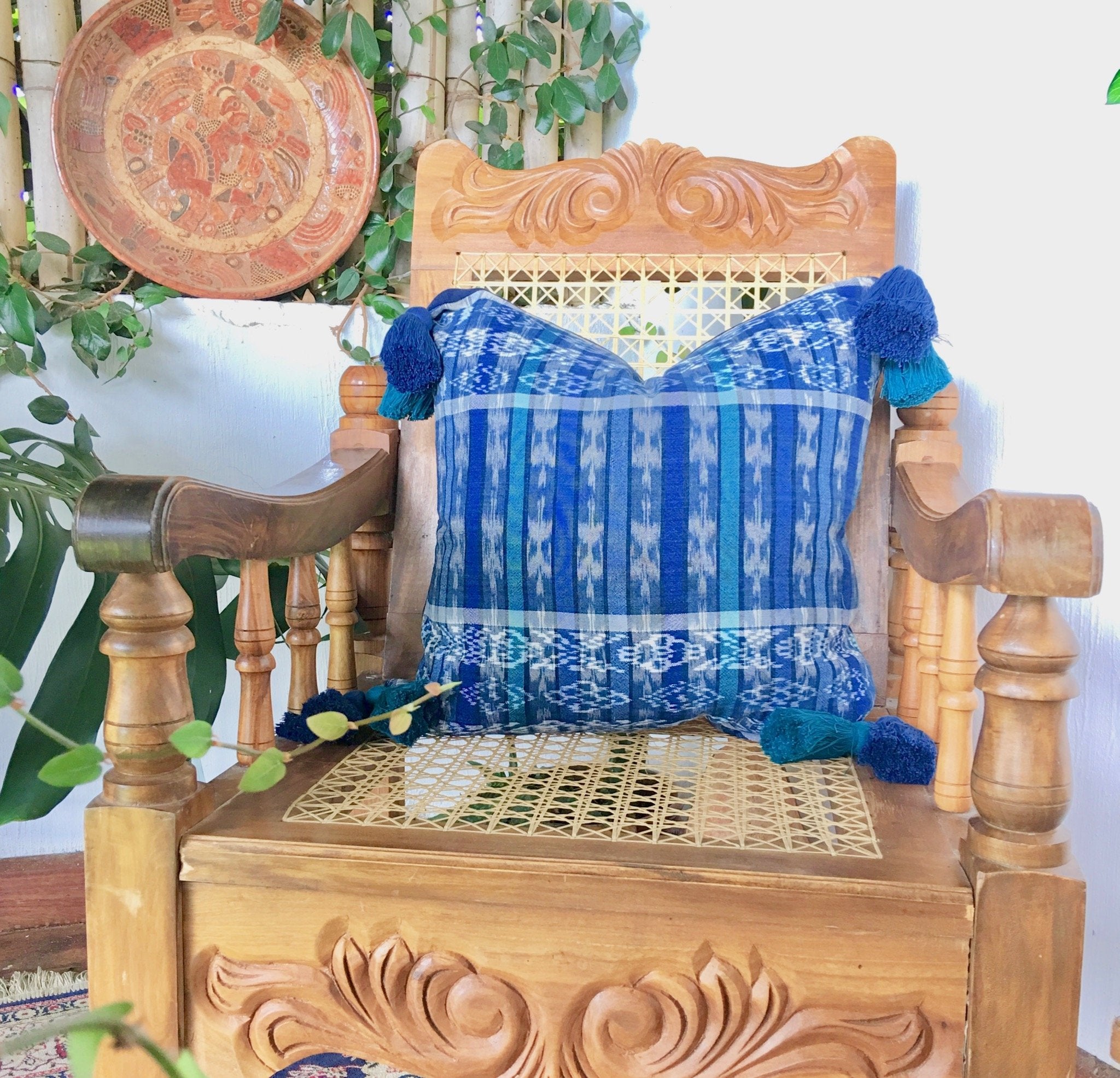 Guatemalan Textile Pillow, vintage, hand woven blue and white ikat throw cushion with tassels