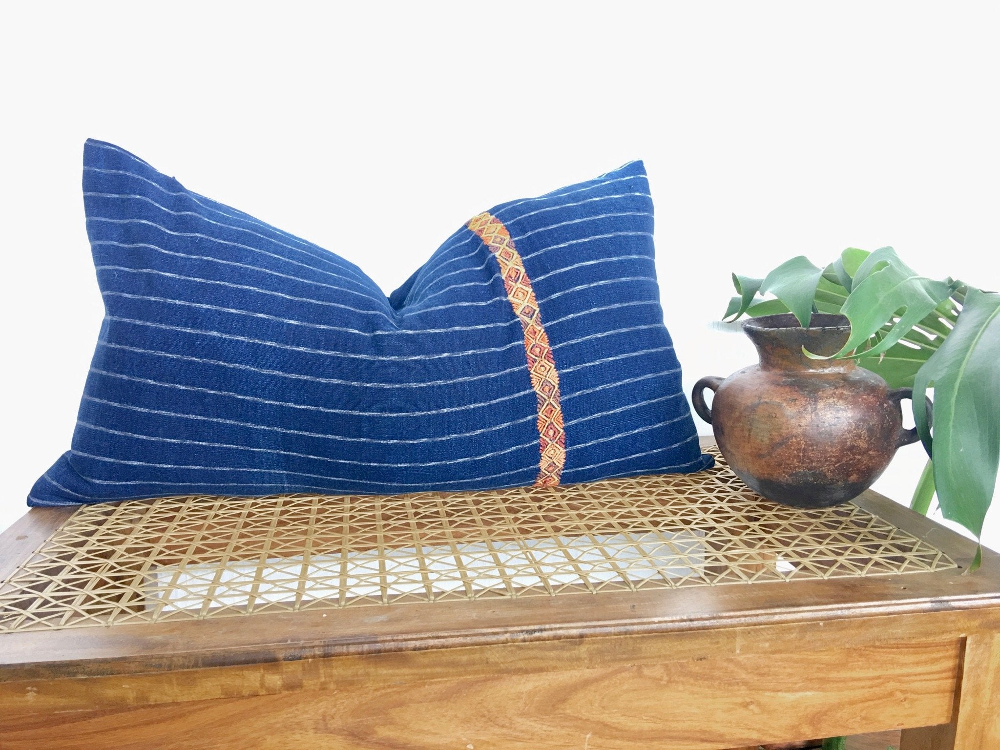 Guatemalan Corte Pillow, vintage, hand woven pink and coral striped ikat throw cushion with tassels