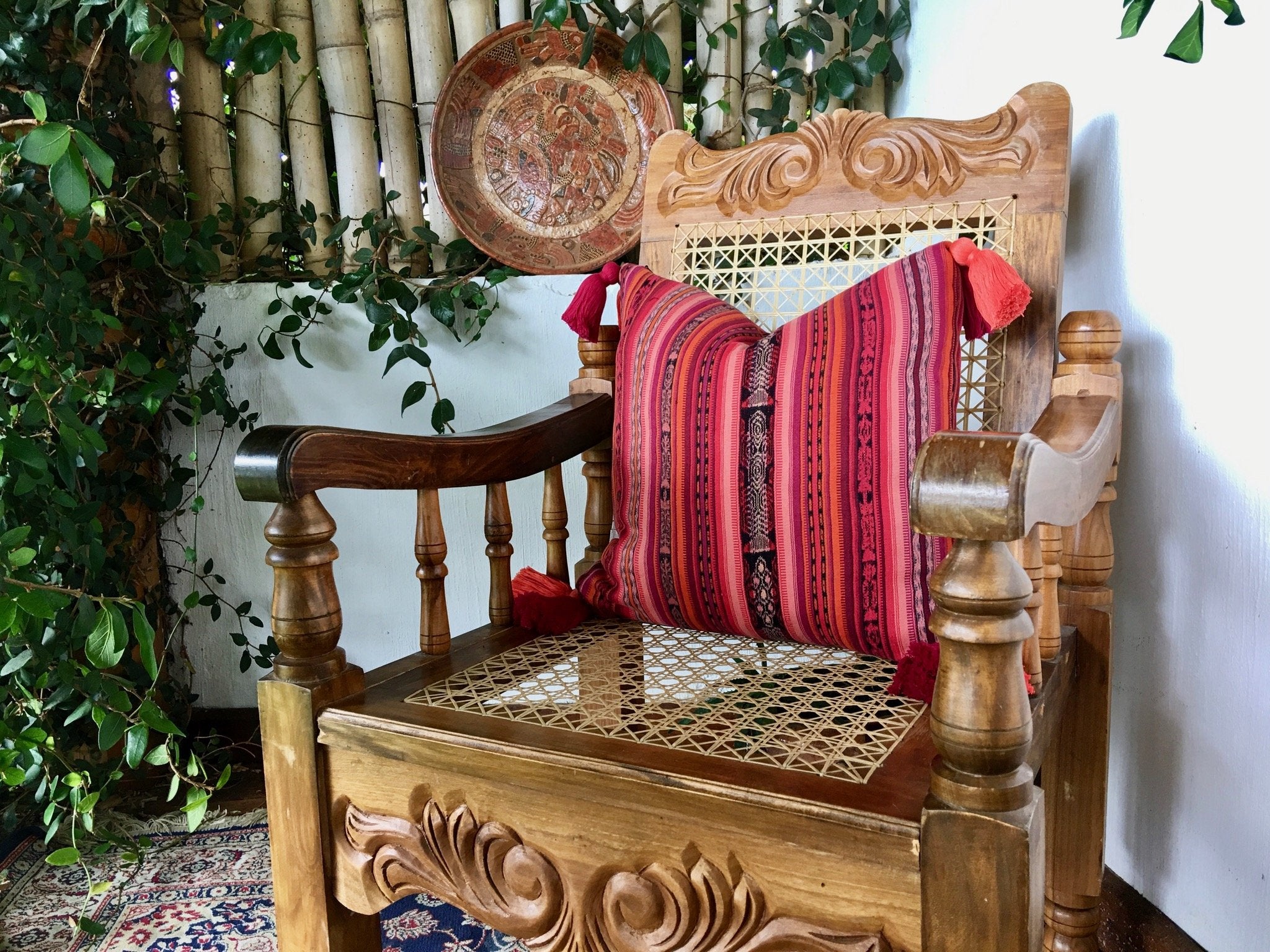 Guatemalan Textile Pillow, vintage, hand woven pink and coral striped ikat throw cushion with tassels