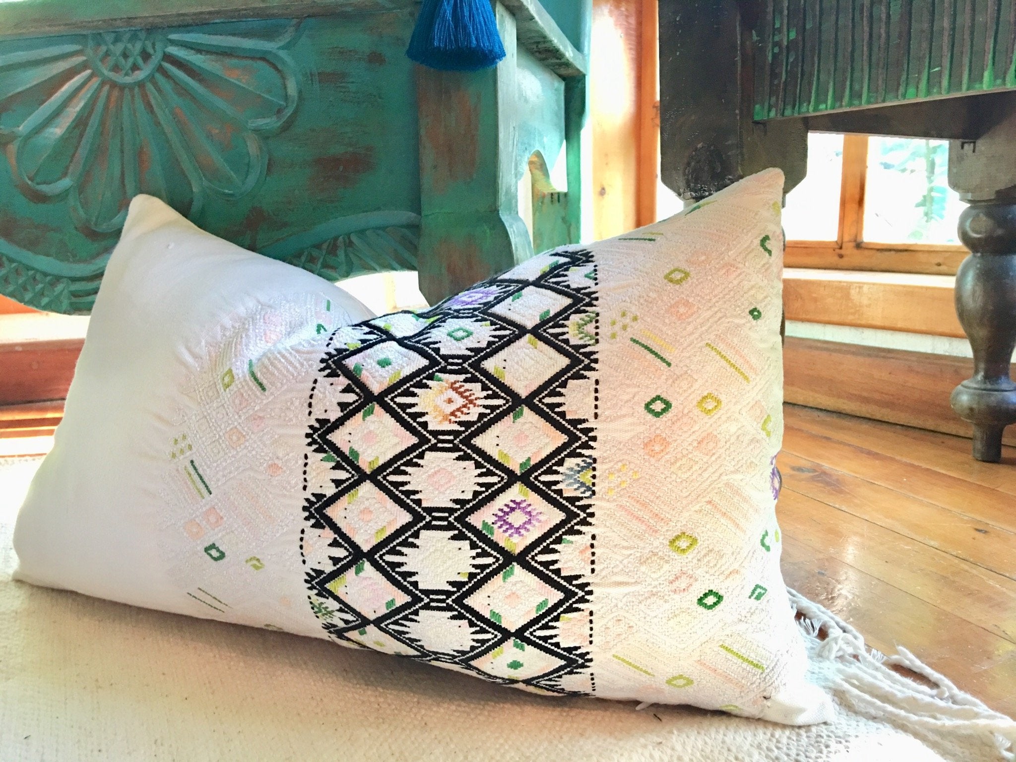 Guatemalan Huipil Pillow, vintage, hand woven pastel pink lumbar cushion from Nahuala