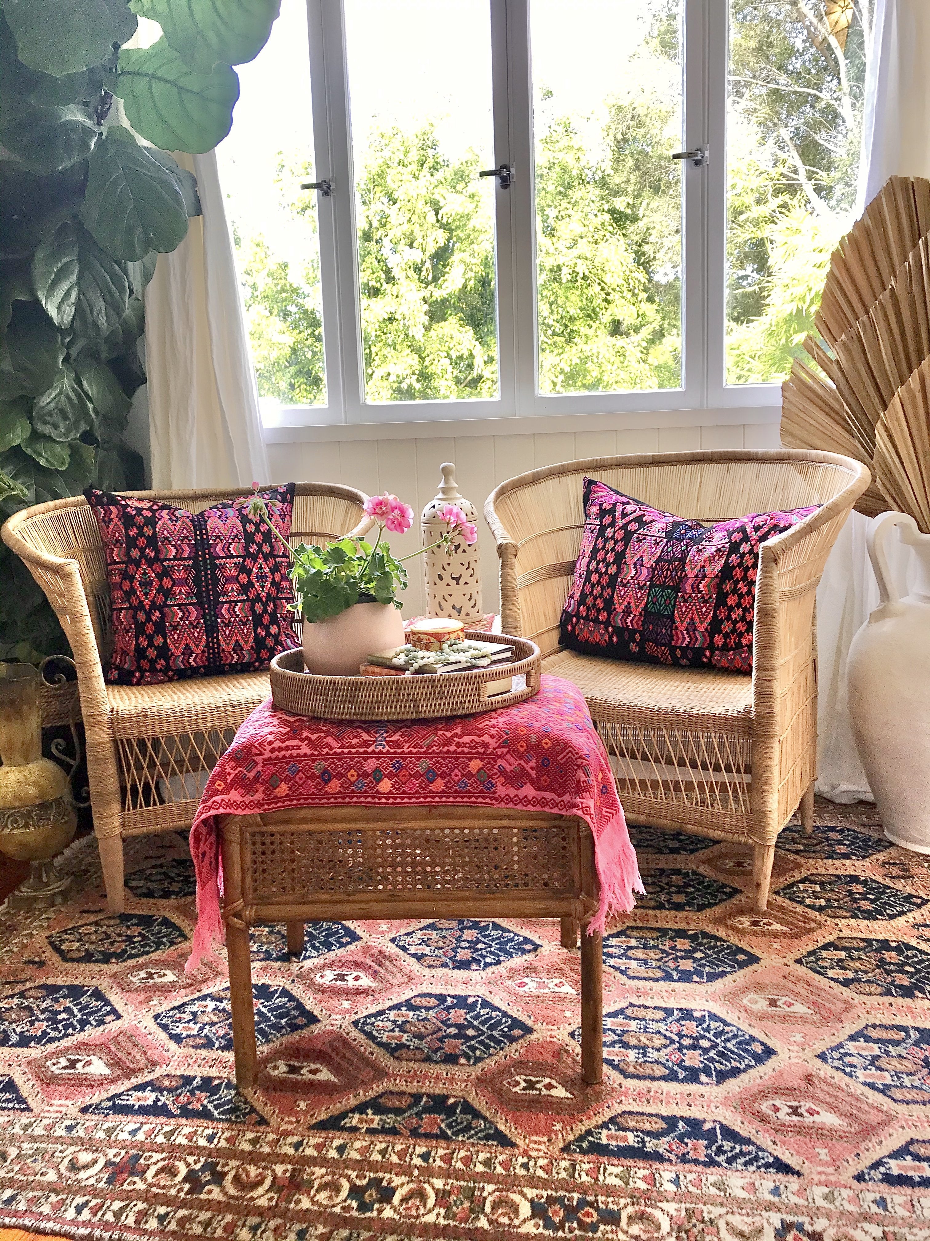 Guatemalan embroidered huipil pillow. Colourful abstract tribal symbols on this vintage textile.