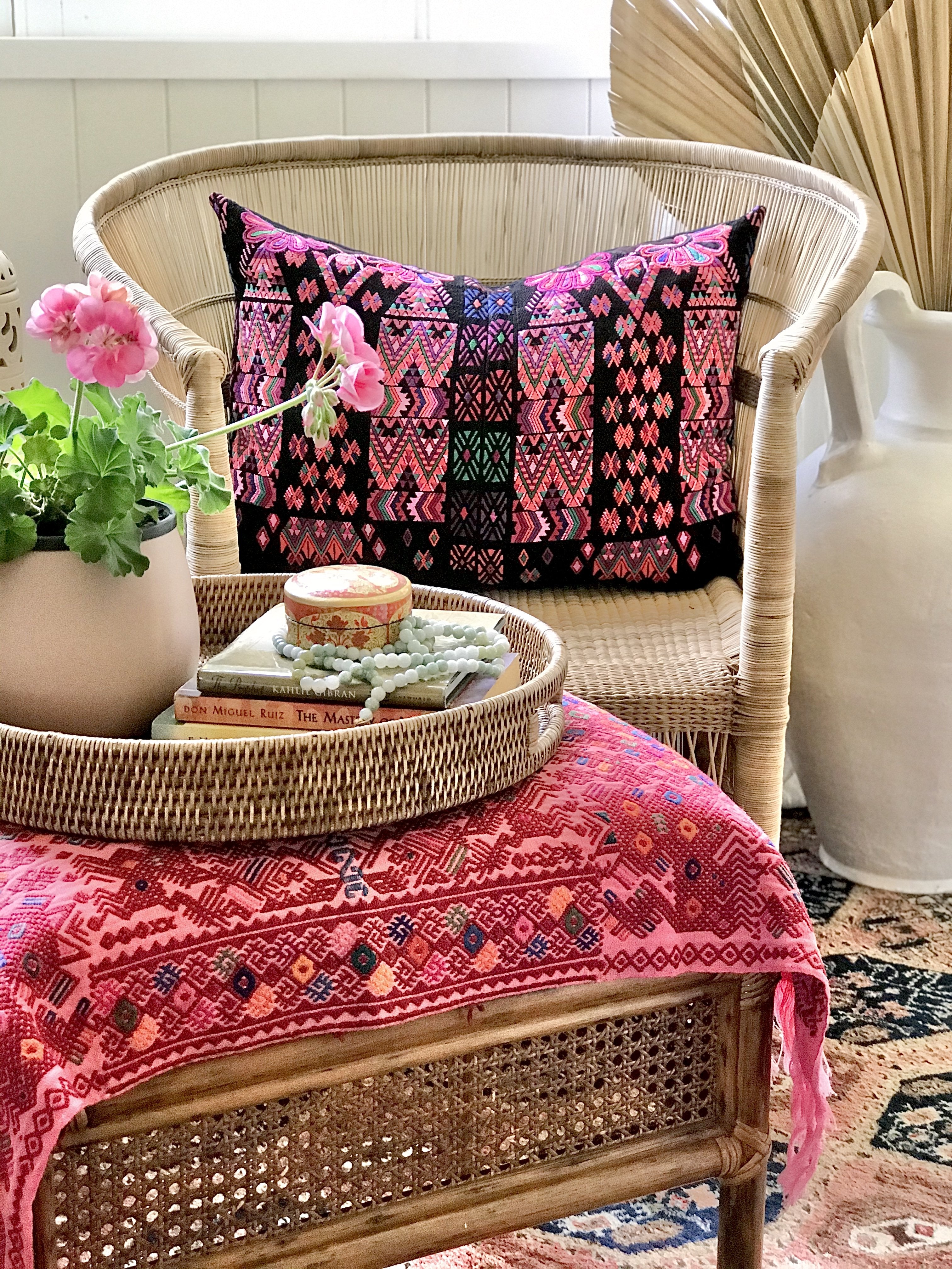 Guatemalan embroidered huipil pillow. Colourful abstract tribal symbols on this vintage textile.