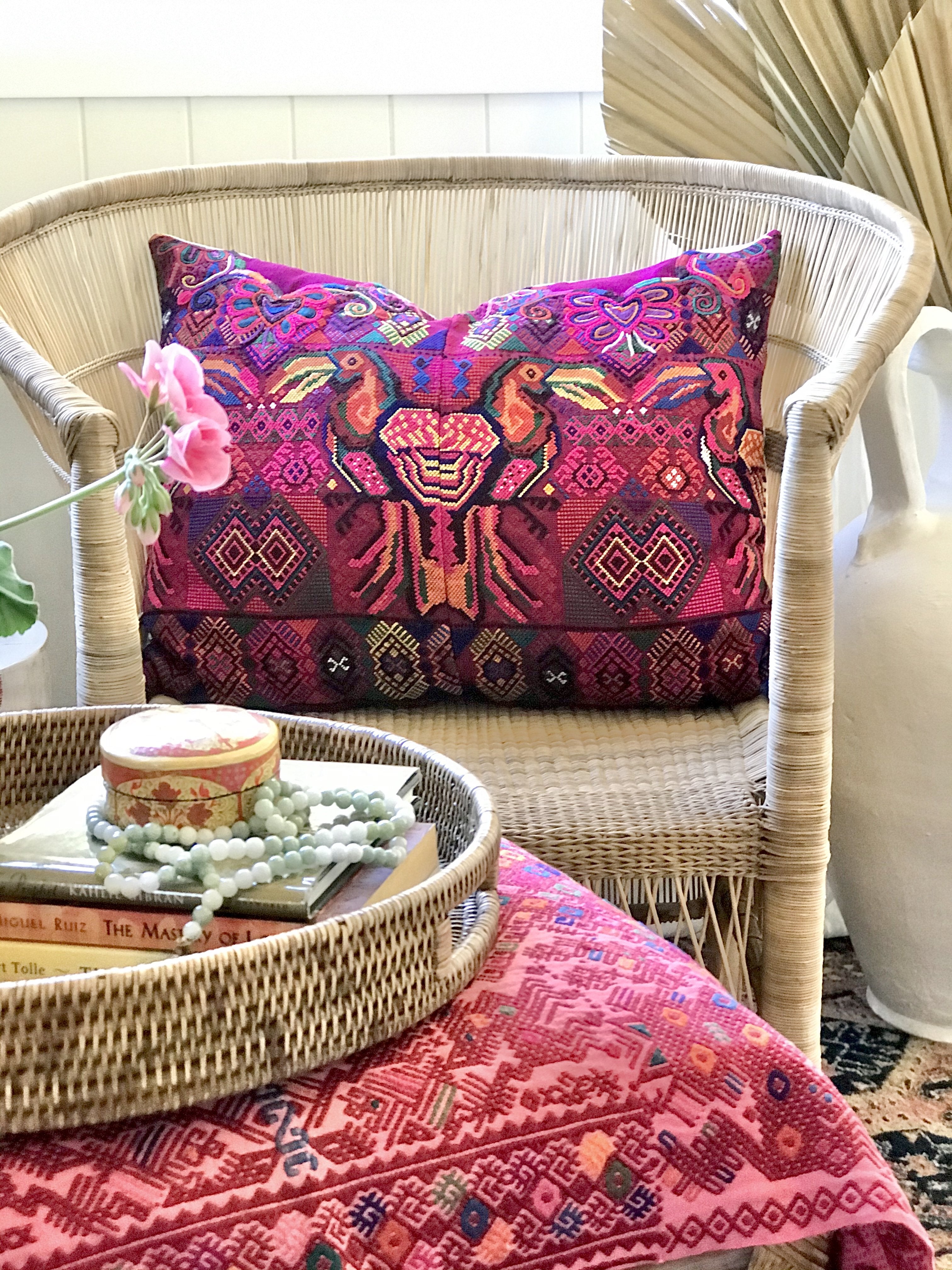 Guatemalan Huipil Textile Pillow, vintage, hand embroidered colourful toucan birds on bright pink fuchsia geometric design