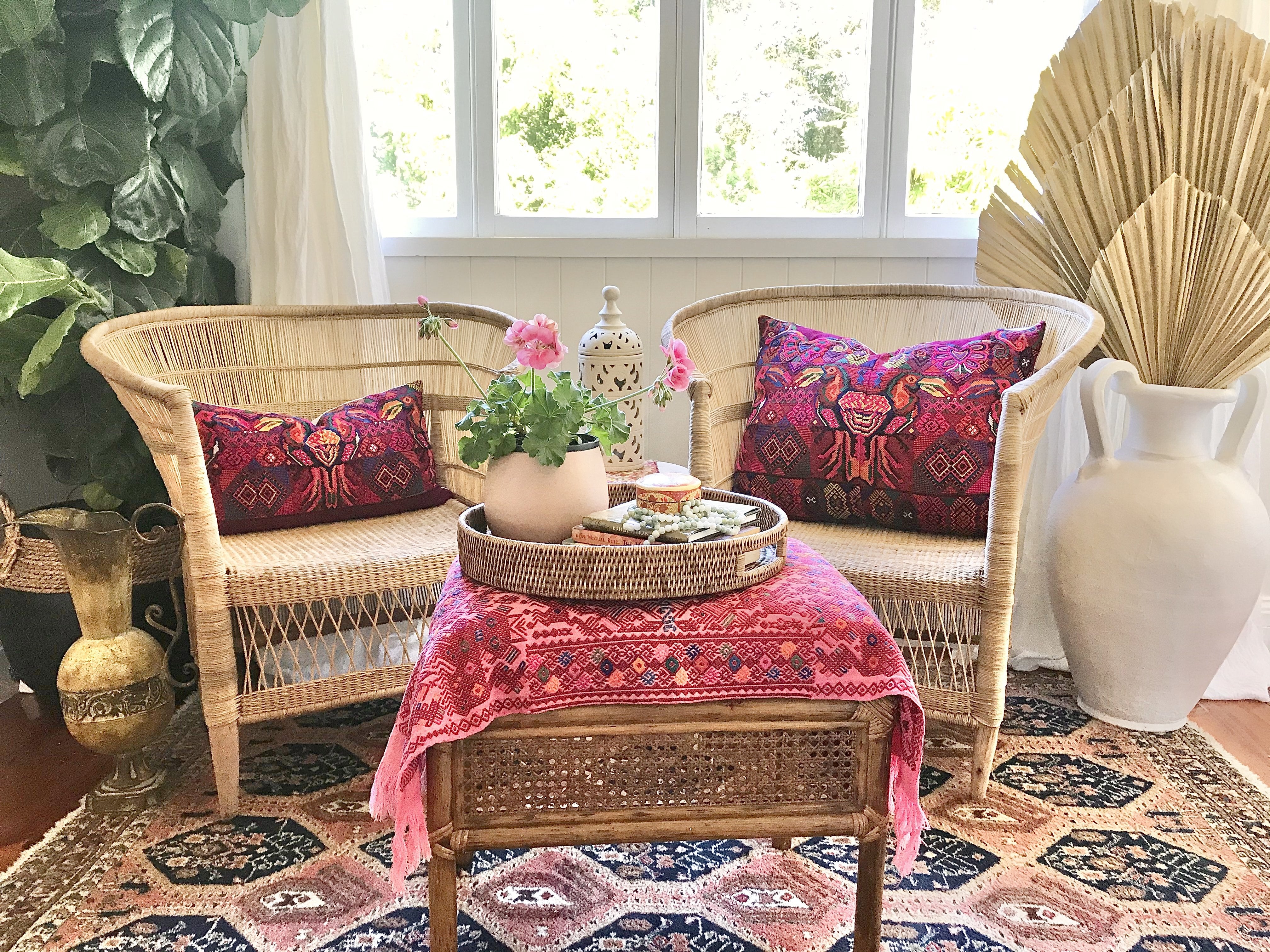 Guatemalan Huipil Textile Pillow, vintage, hand embroidered colourful toucan birds on bright pink fuchsia geometric design