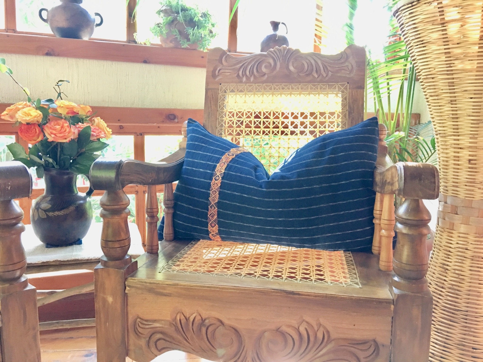 Guatemalan Corte Pillow, vintage, hand woven pink and coral striped ikat throw cushion with tassels