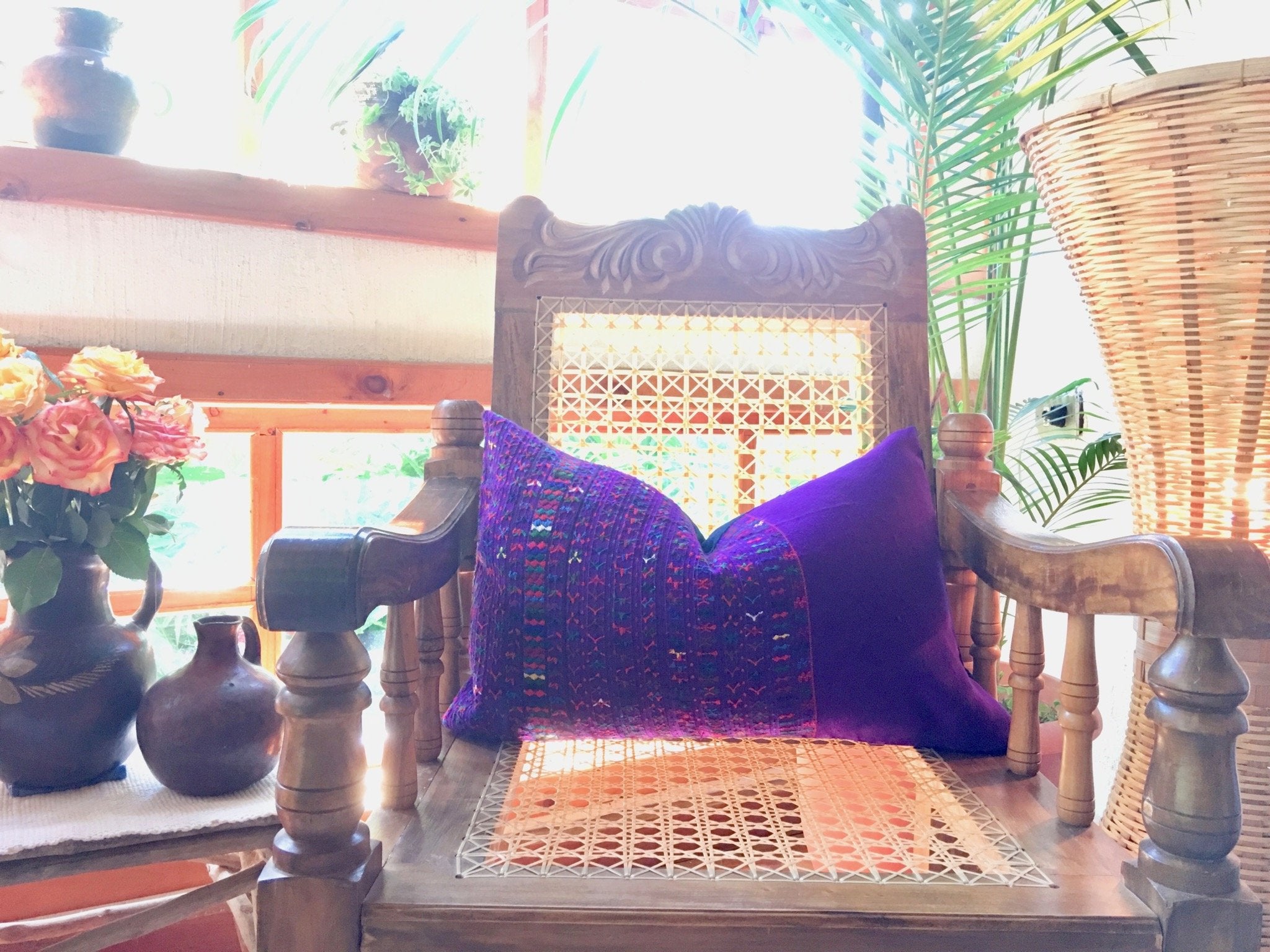 Guatemalan Huipil Pillow, vintage, hand woven bright purple lumbar cushion from San Lucas