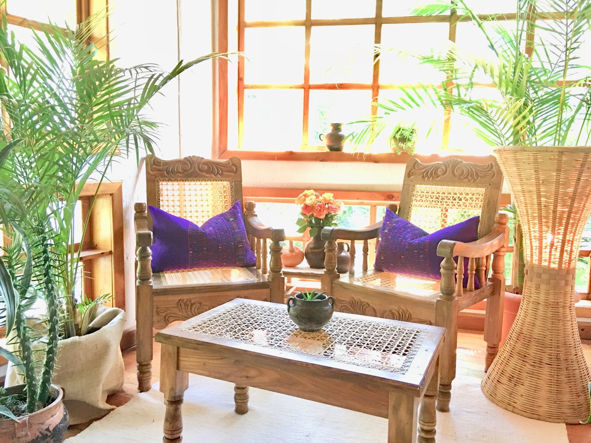 Guatemalan Huipil Pillow, vintage, hand woven bright purple lumbar cushion from San Lucas