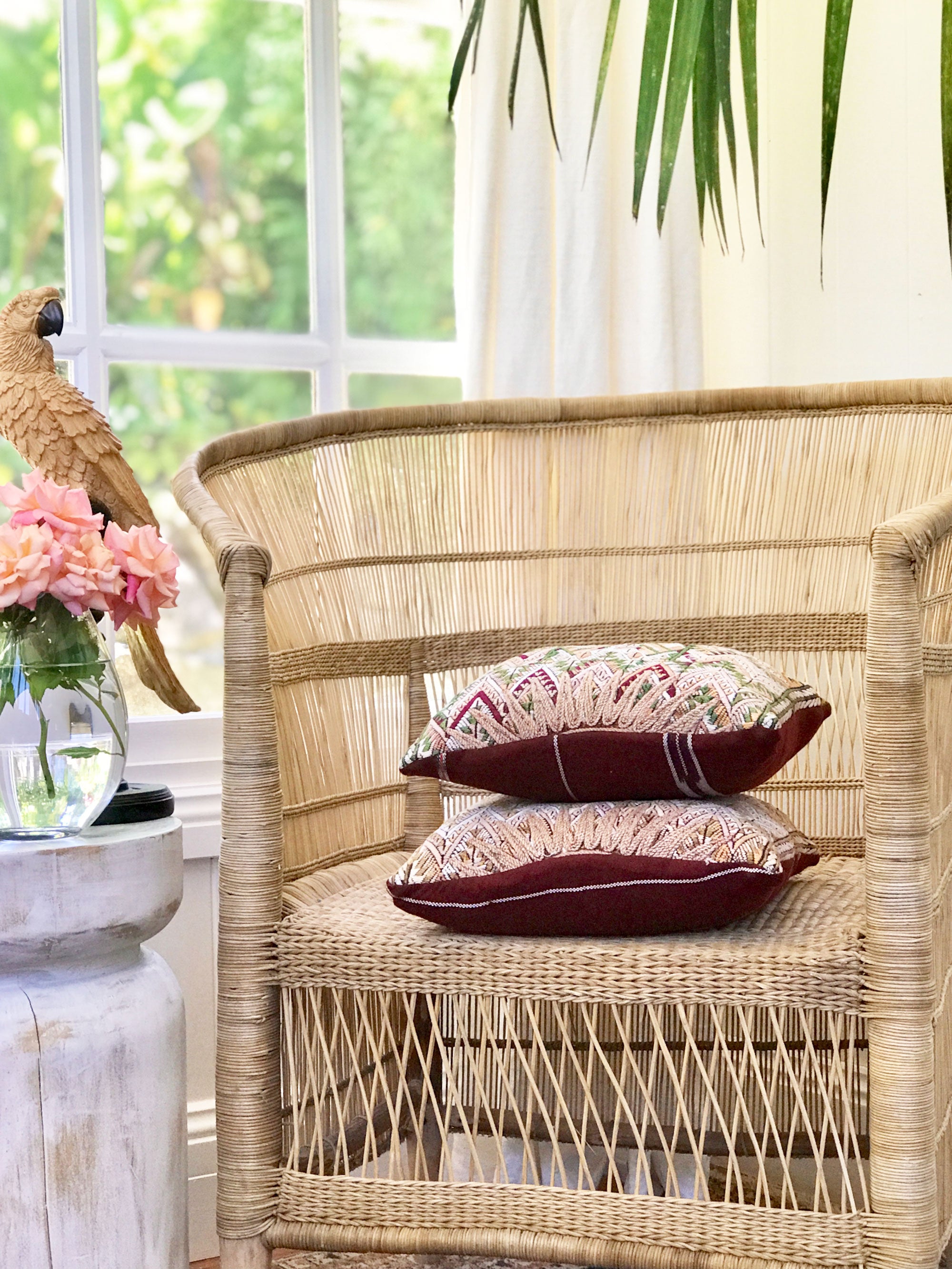 Guatemalan embroidered huipil pillow. Geometric Chichicastenango.