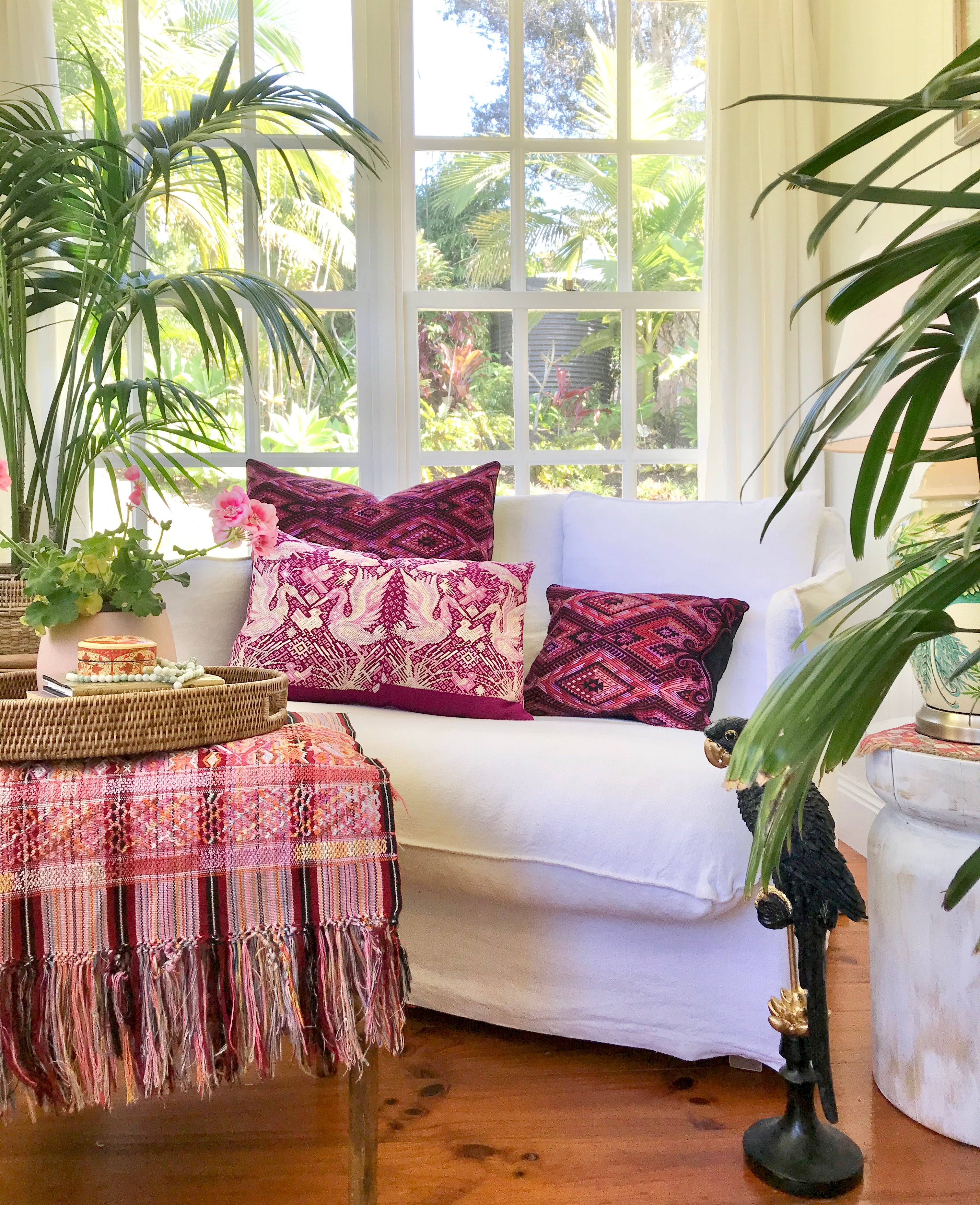 Guatemalan embroidered huipil pillow. Chinoiserie style of Ibis birds in bold fuchsia and white