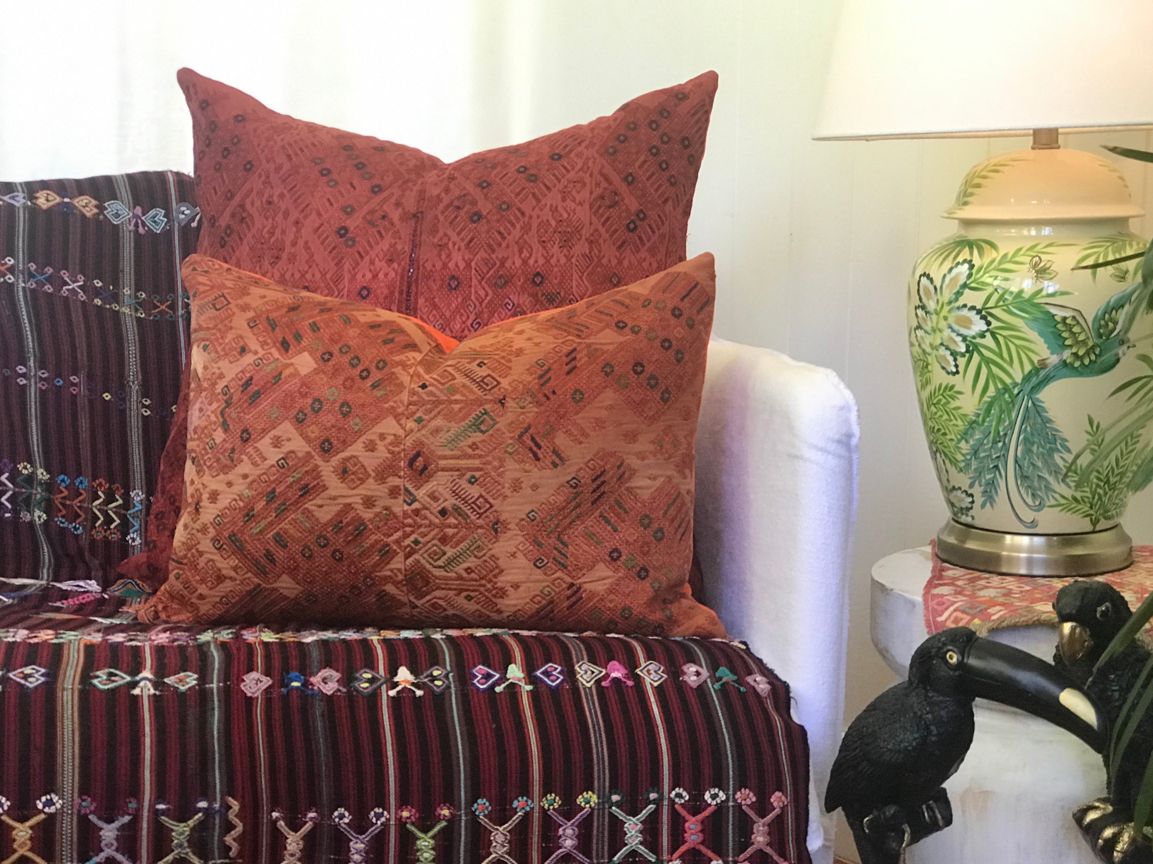 Guatemalan Huipil Textile Pillow, vintage, hand embroidered orange Nahuala huipil with stylised dancing horses