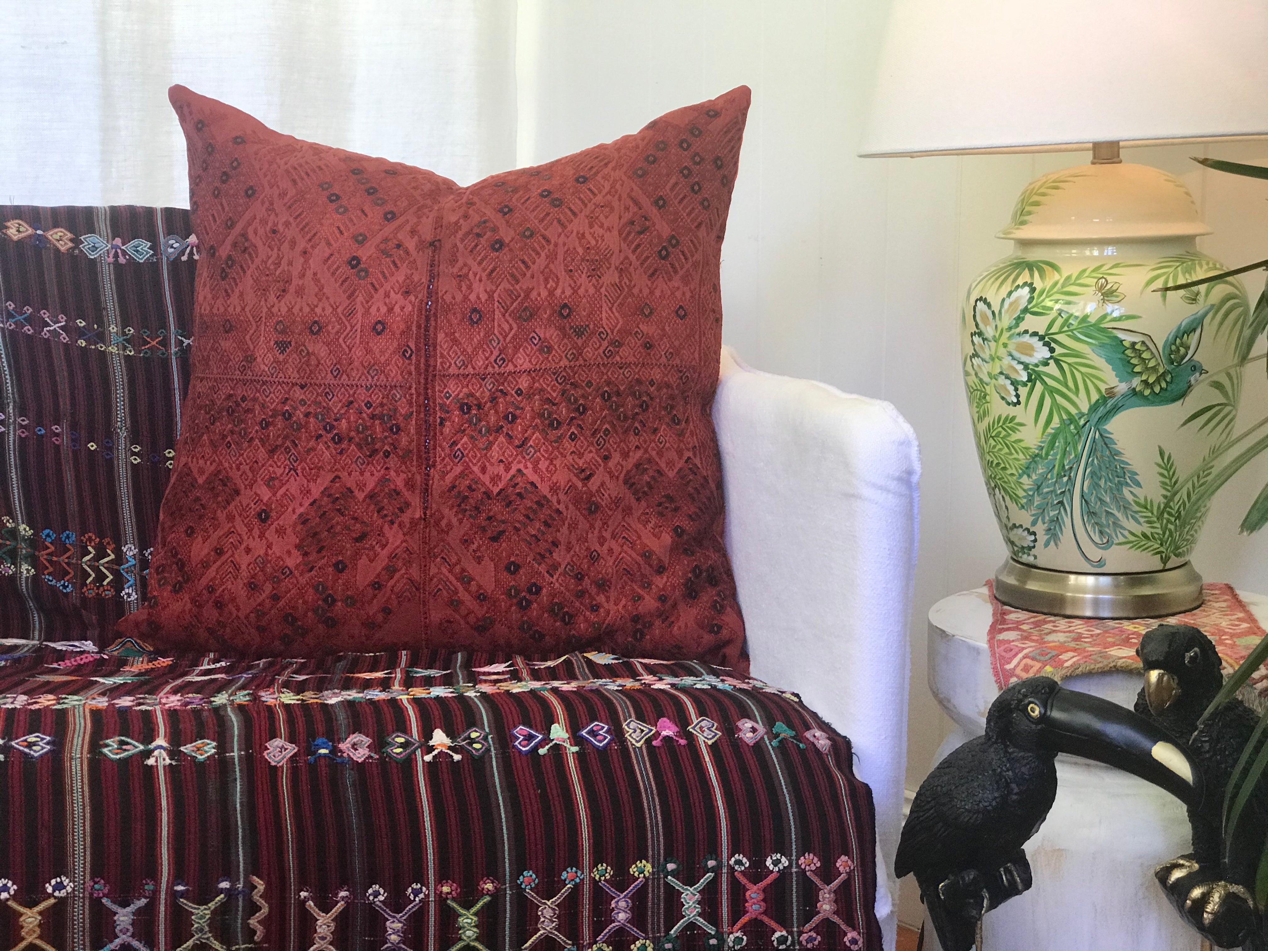 Guatemalan Huipil Textile Pillow, vintage, hand embroidered orange Nahuala huipil with stylised dancing horses