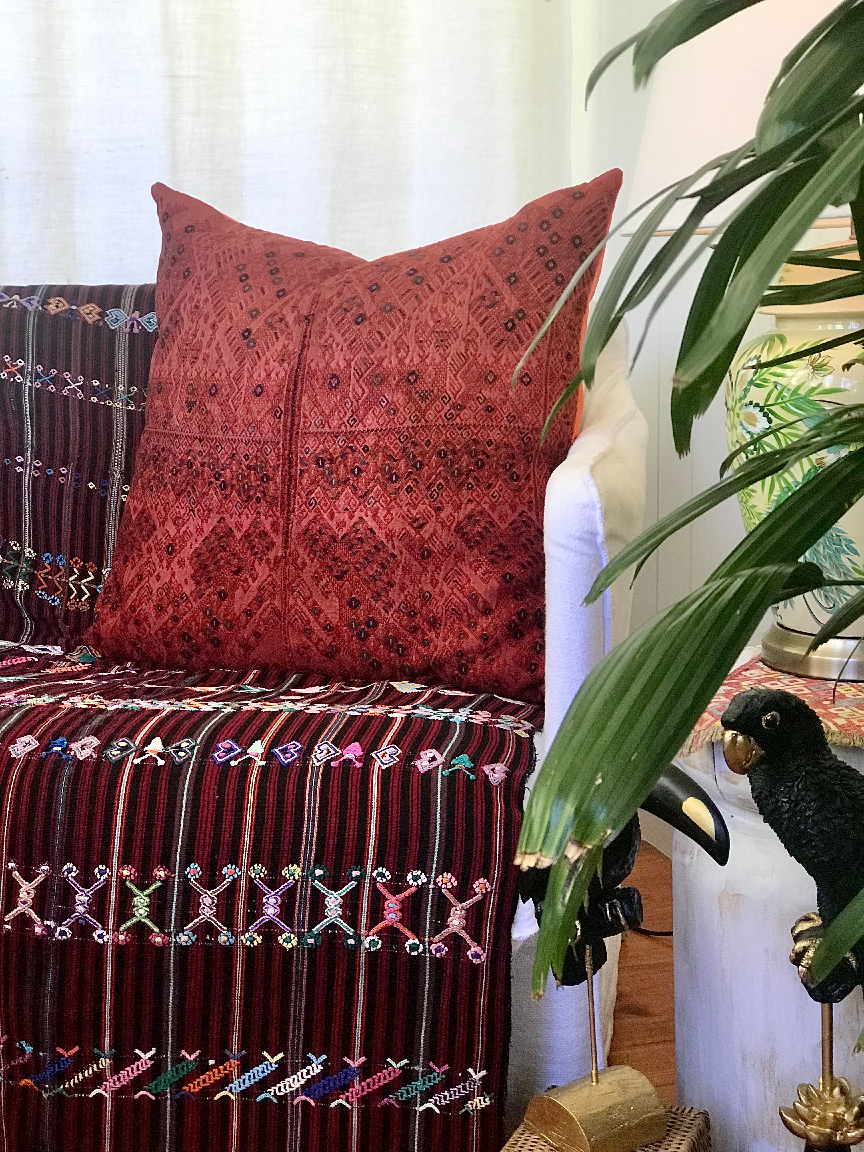 Guatemalan Huipil Textile Pillow, vintage, hand embroidered orange Nahuala huipil with stylised dancing horses