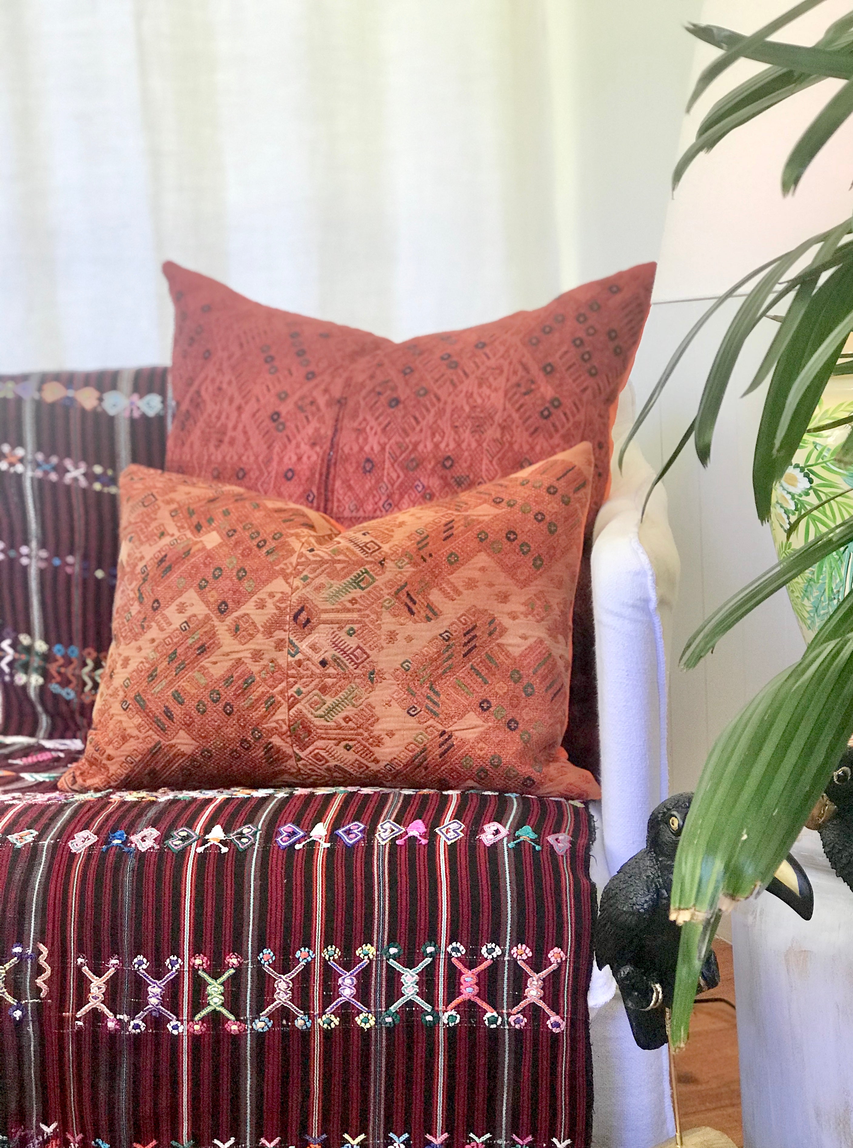 Guatemalan Huipil Textile Pillow, vintage, hand embroidered orange Nahuala huipil with stylised dancing horses