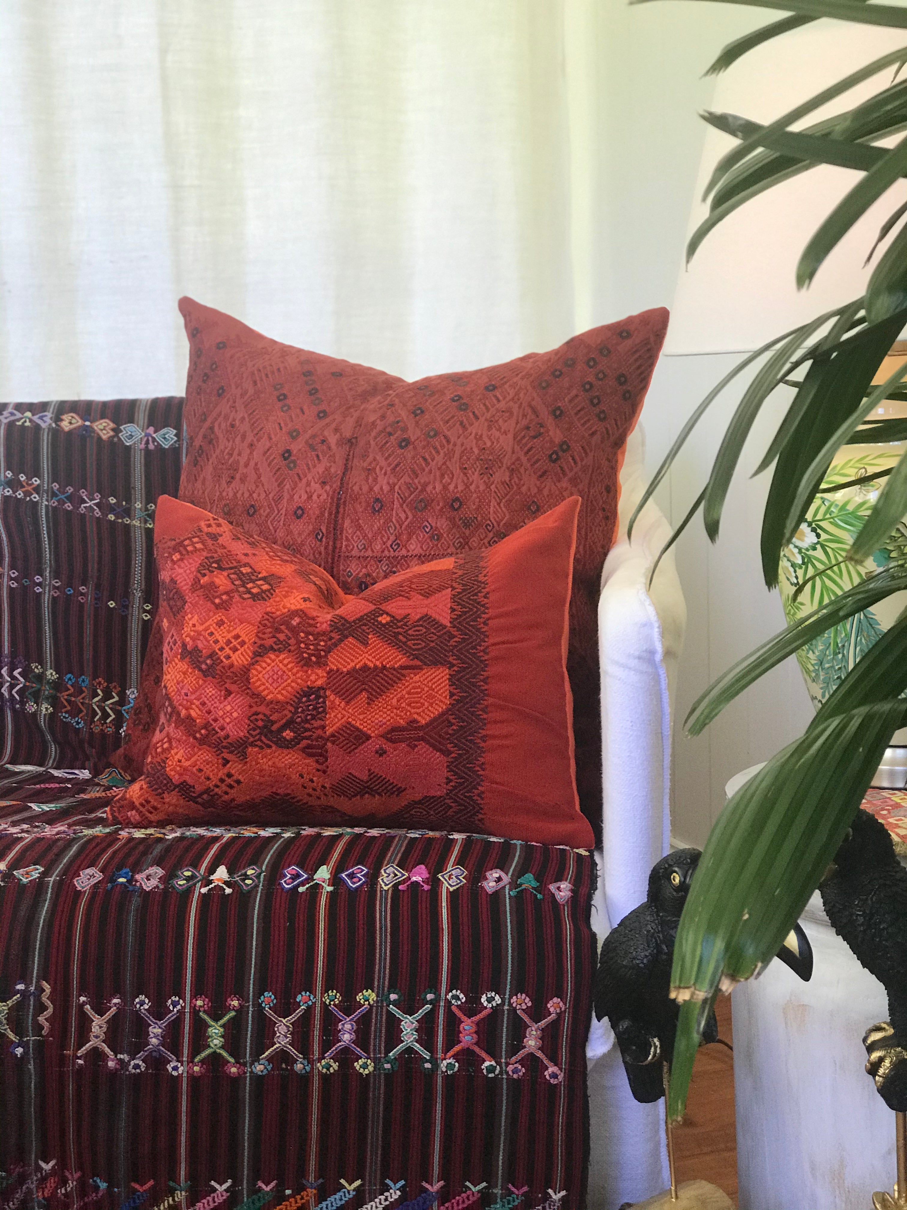 Guatemalan Huipil Textile Pillow, vintage, hand embroidered orange Nahuala huipil with stylised dancing horses