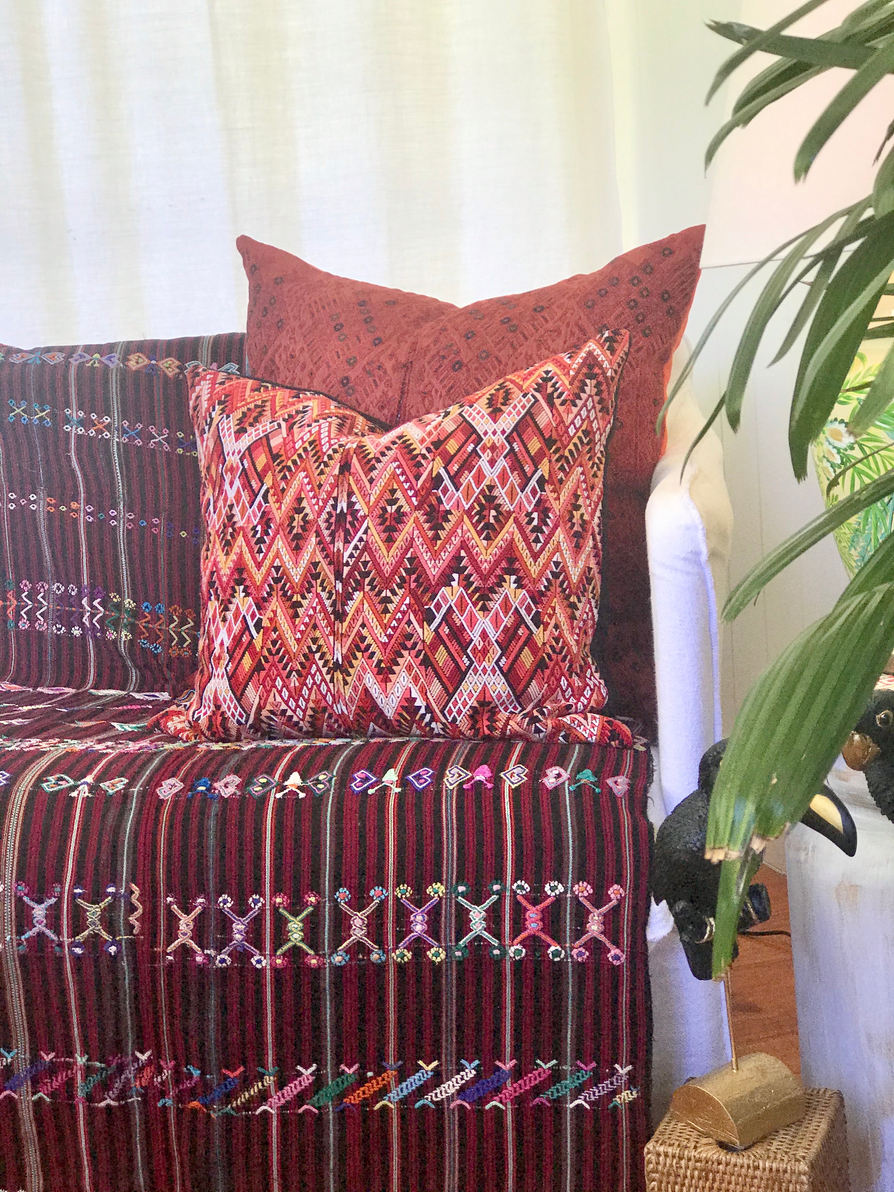 Guatemalan Huipil Textile Pillow, vintage, hand embroidered orange Chichicastenango huipil with a chevron pattern