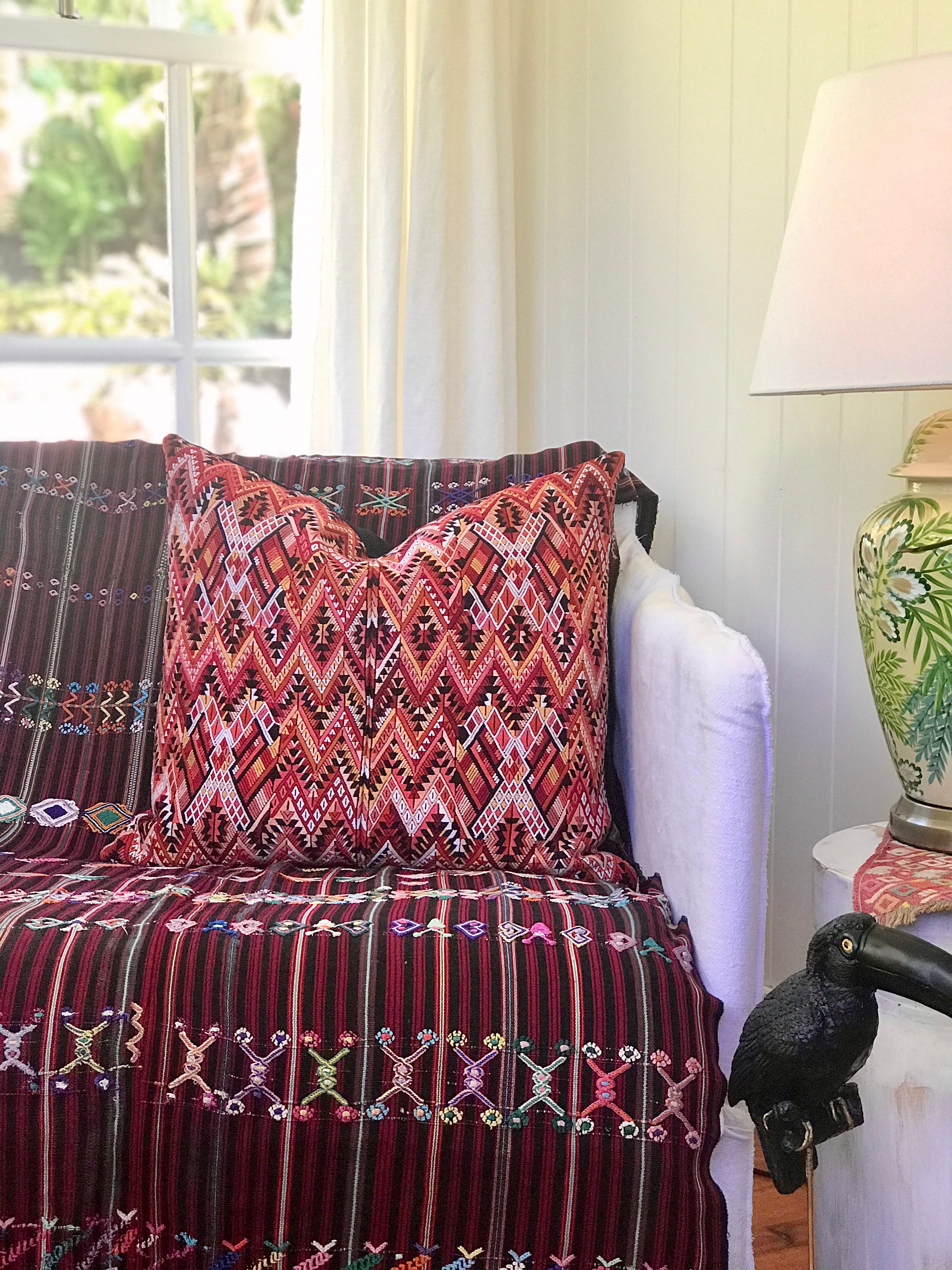 Guatemalan Huipil Textile Pillow, vintage, hand embroidered orange Chichicastenango huipil with a chevron pattern