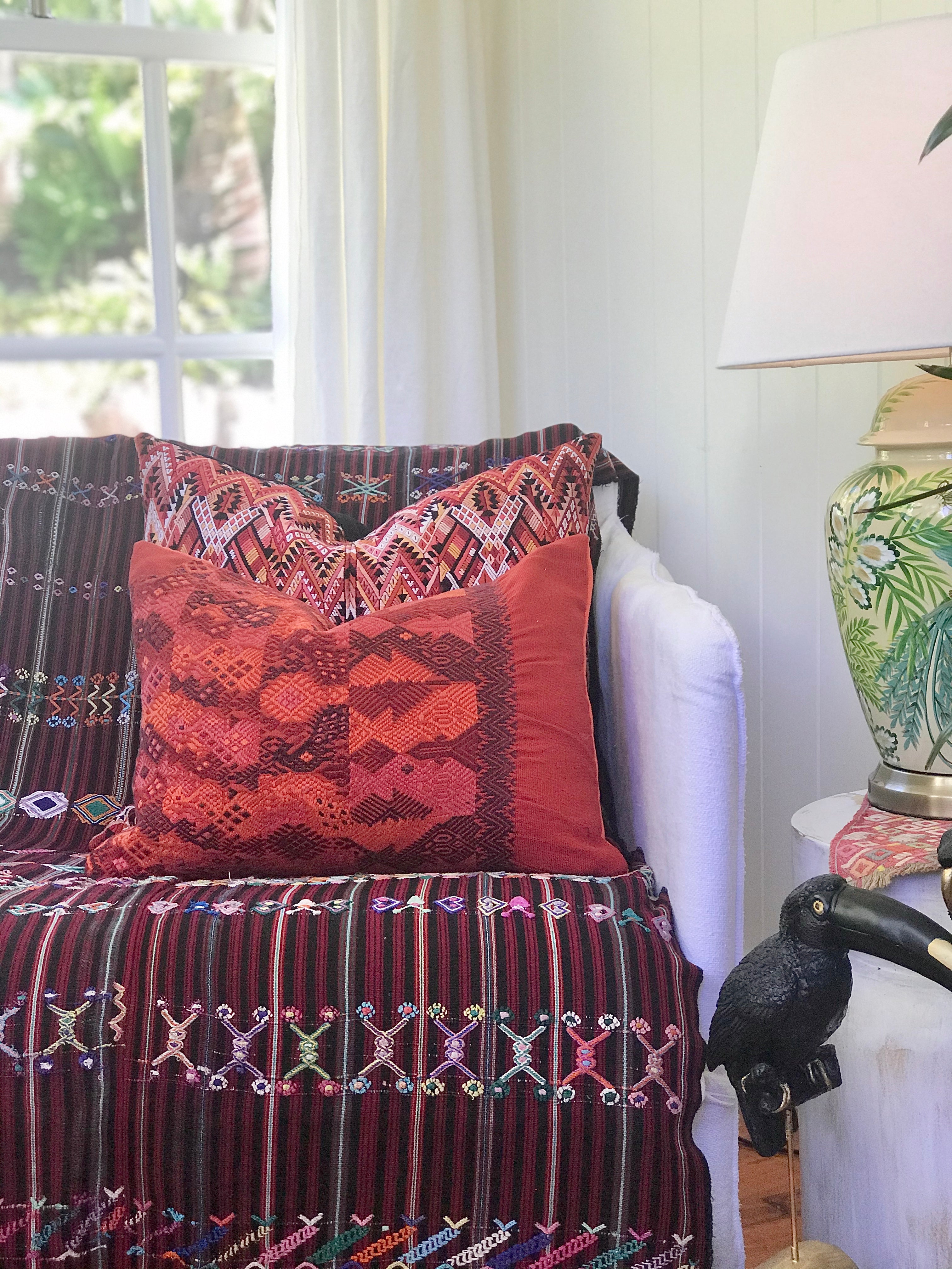 Guatemalan Huipil Textile Pillow, vintage, hand embroidered warm red Coban huipil with stylised peacocks and deer