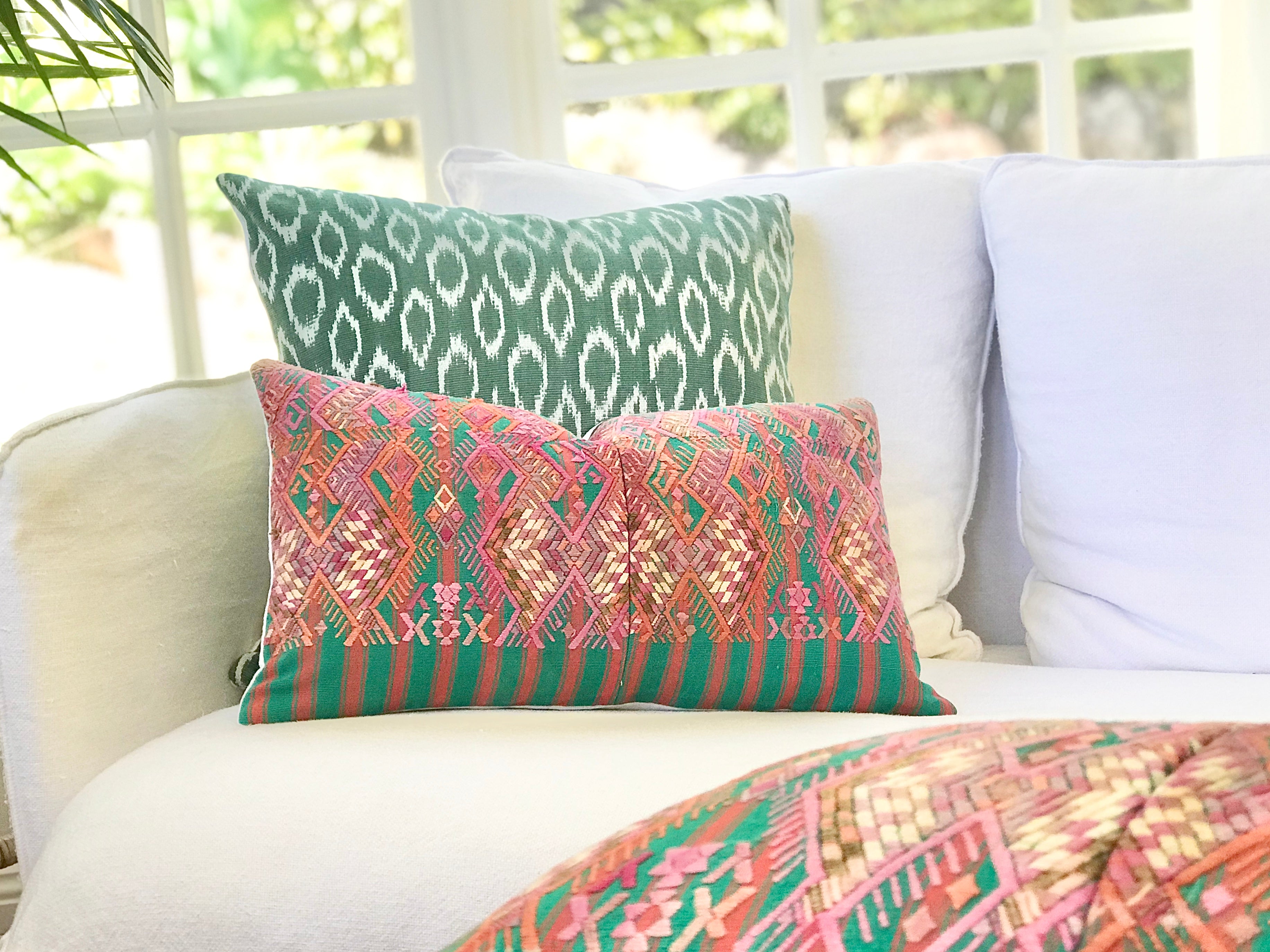 Guatemalan embroidered huipil pillow. Stylised horses on striped pink and green. Perfect for the nursery or a little girls bedroom.
