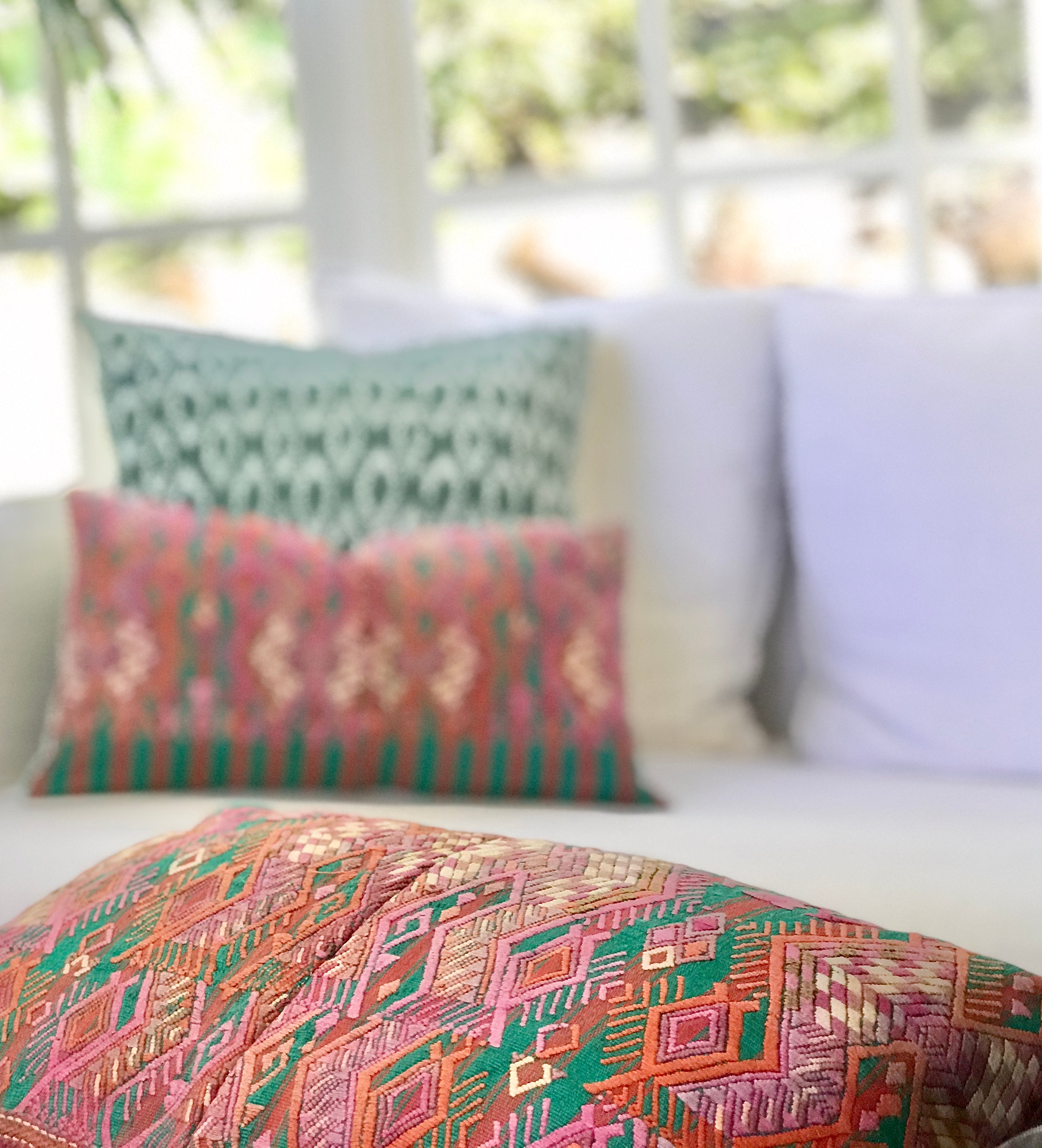 Guatemalan embroidered huipil pillow. Stylised horses on striped pink and green. Perfect for the nursery or a little girls bedroom.