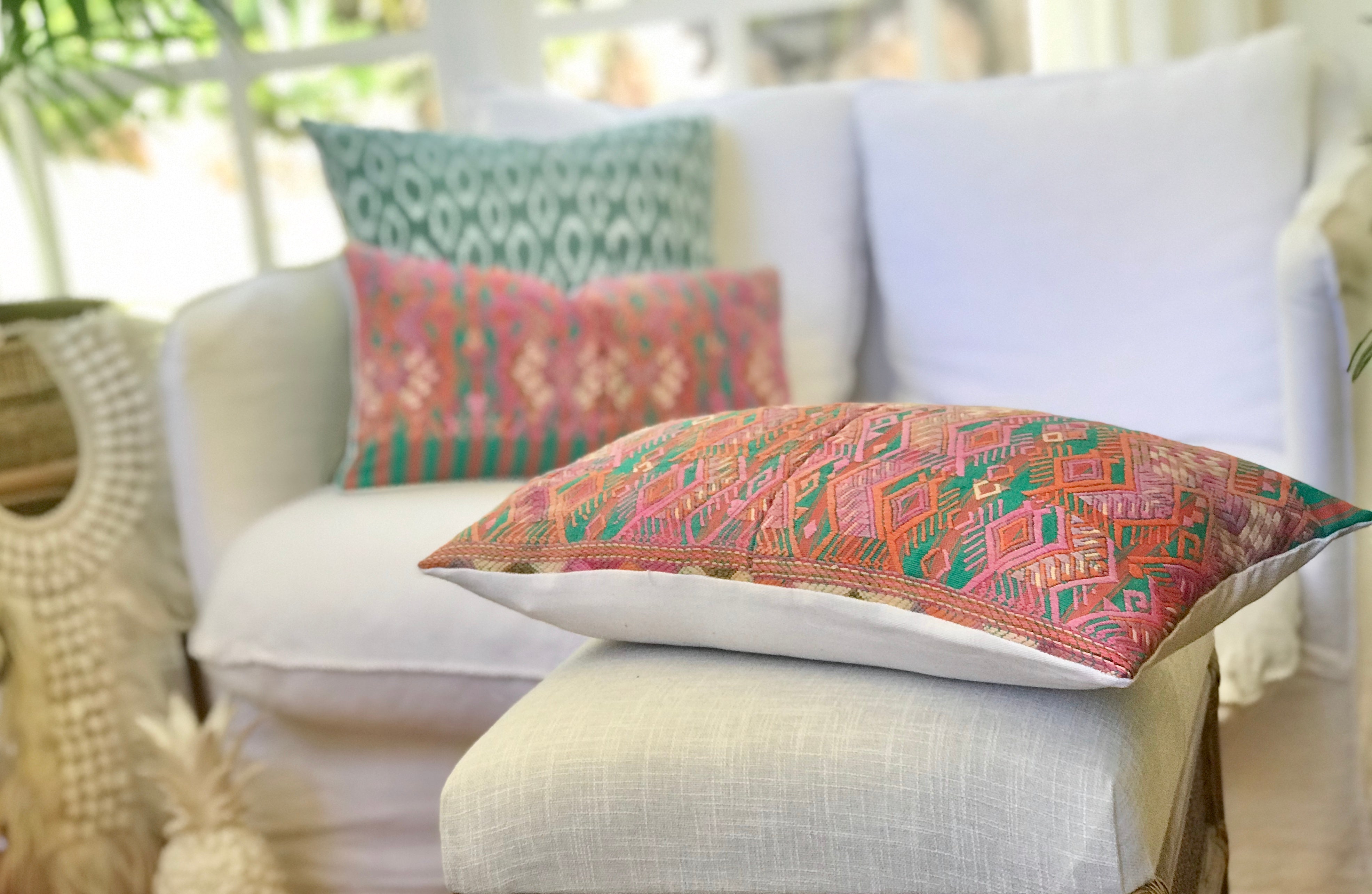 Guatemalan embroidered huipil pillow. Stylised horses on striped pink and green. Perfect for the nursery or a little girls bedroom.