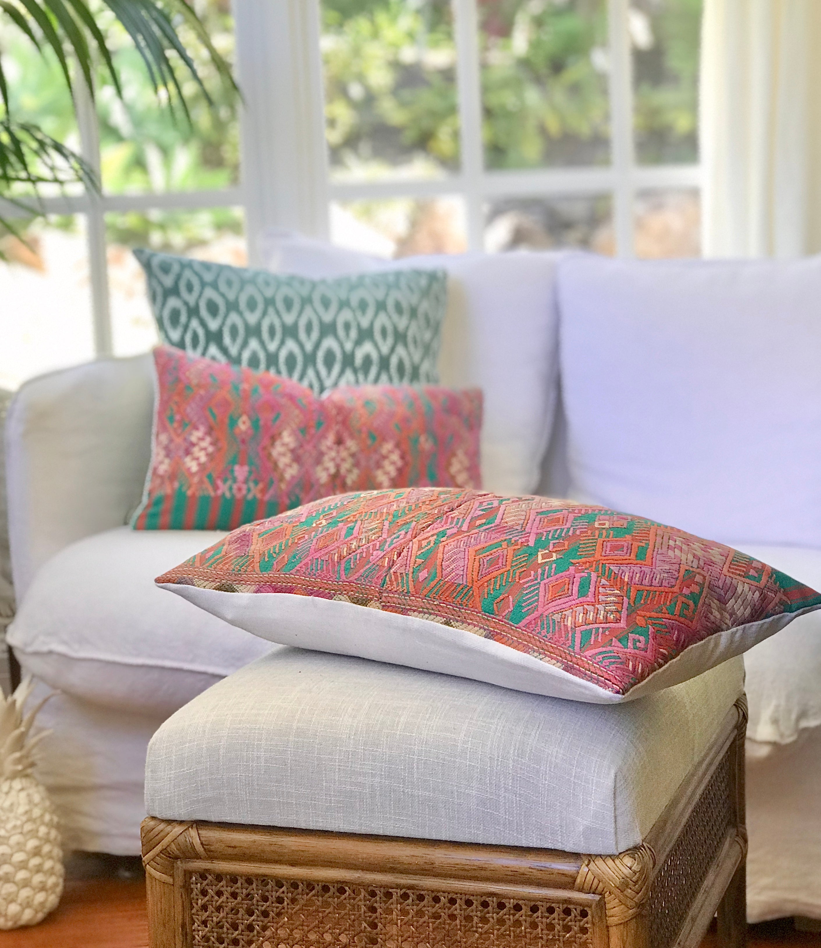 Guatemalan embroidered huipil pillow. Stylised horses on striped pink and green. Perfect for the nursery or a little girls bedroom.