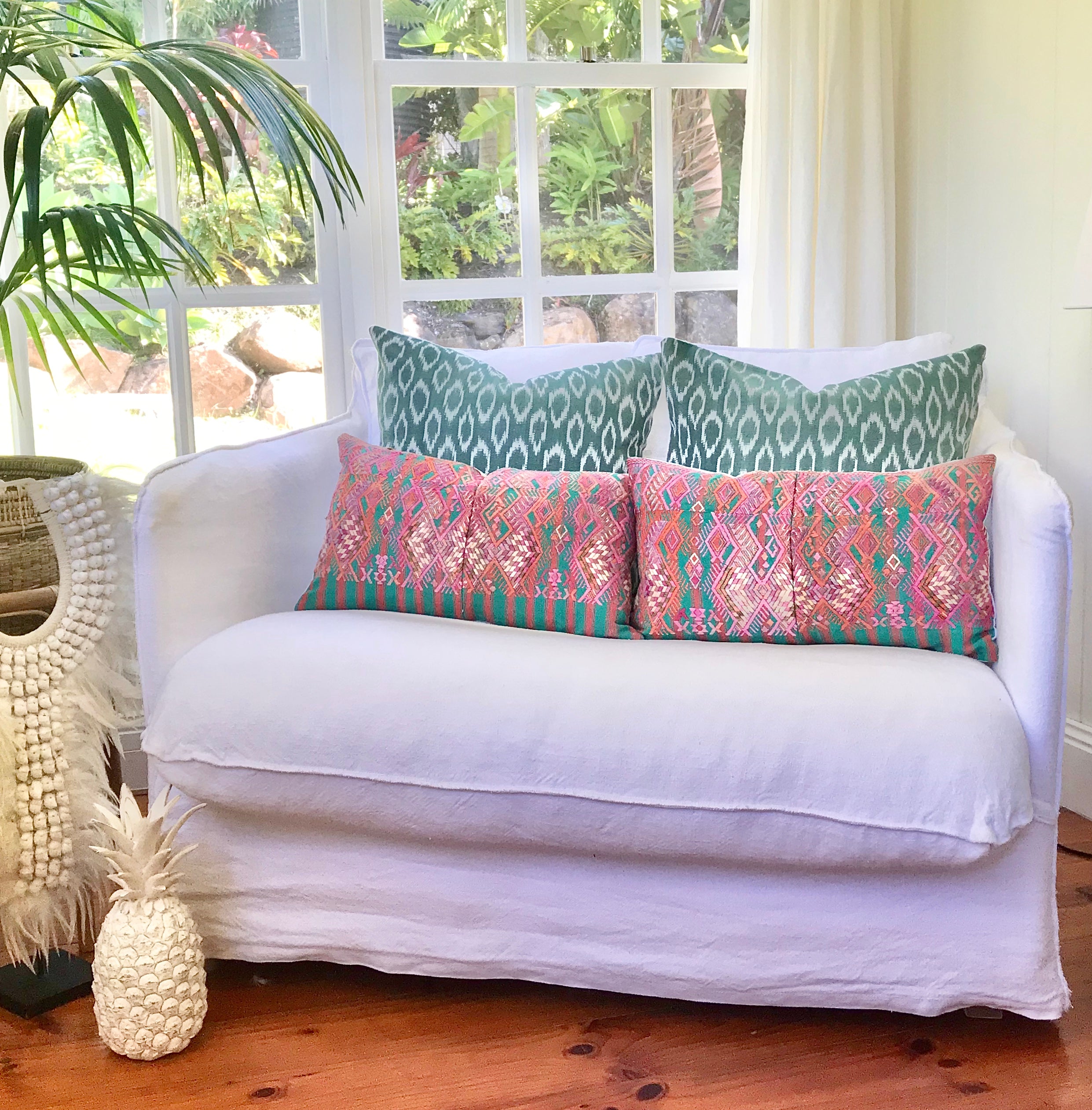 Guatemalan embroidered huipil pillow. Stylised horses on striped pink and green. Perfect for the nursery or a little girls bedroom.