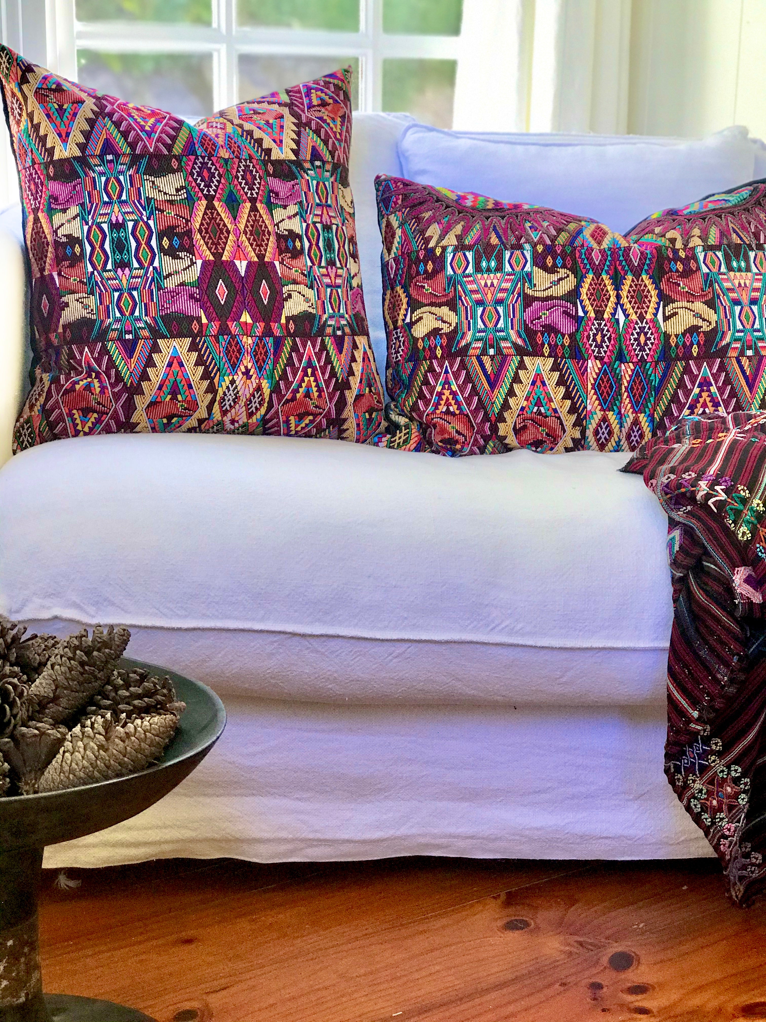 Guatemalan embroidered huipil pillow. Boldly colourful abstract geometric design for bohemian decor