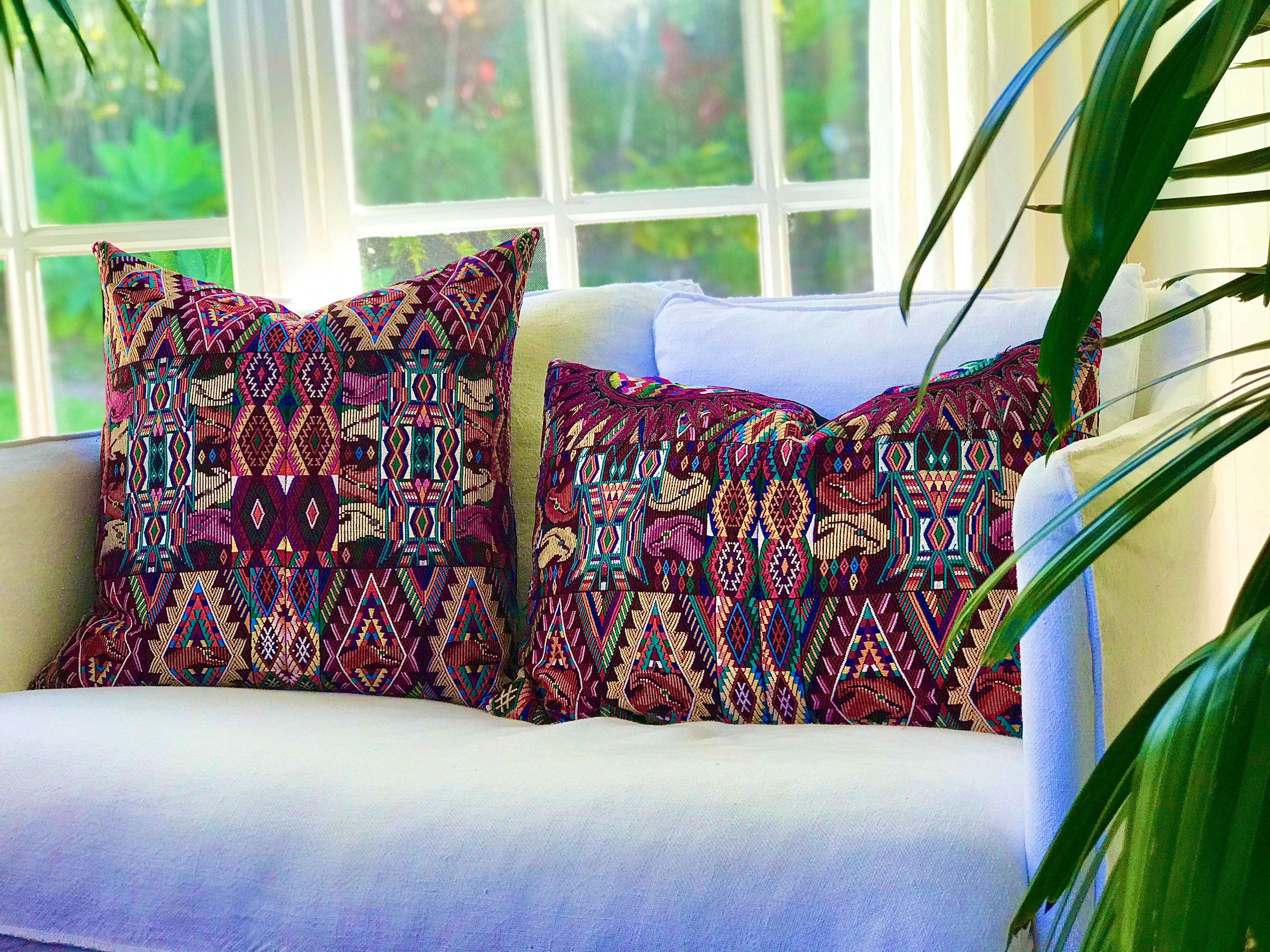 Guatemalan embroidered huipil pillow. Boldly colourful abstract geometric design for bohemian decor