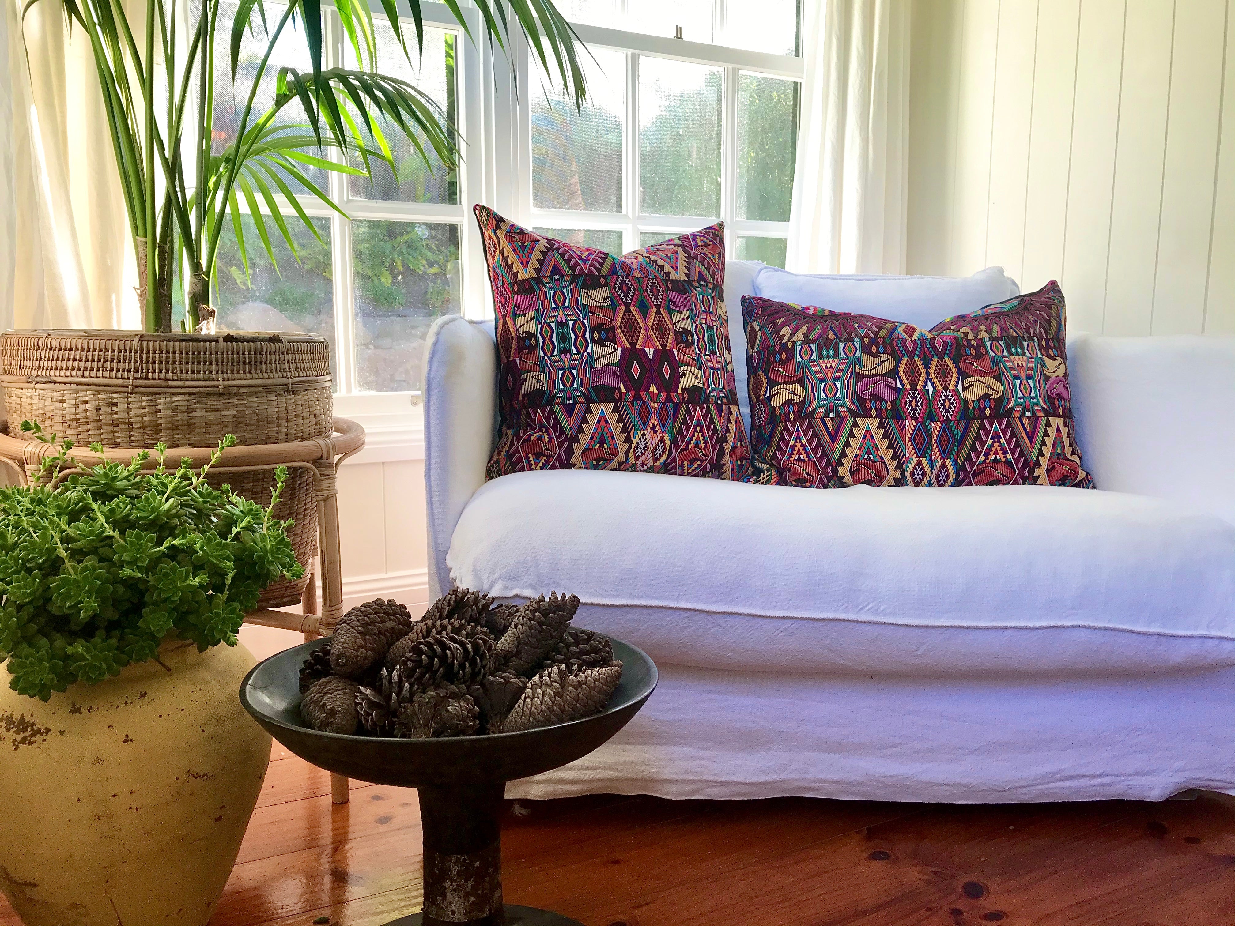 Guatemalan embroidered huipil pillow. Boldly colourful abstract geometric design for bohemian decor
