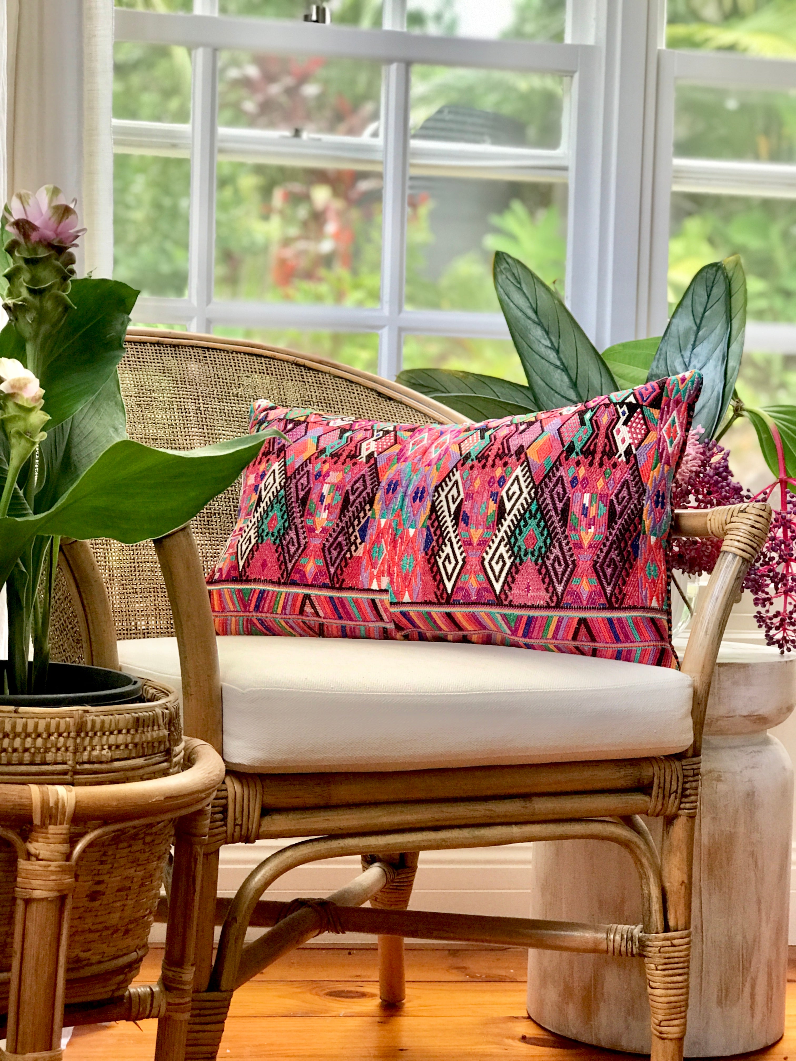 pink vintage huipil textile cushion