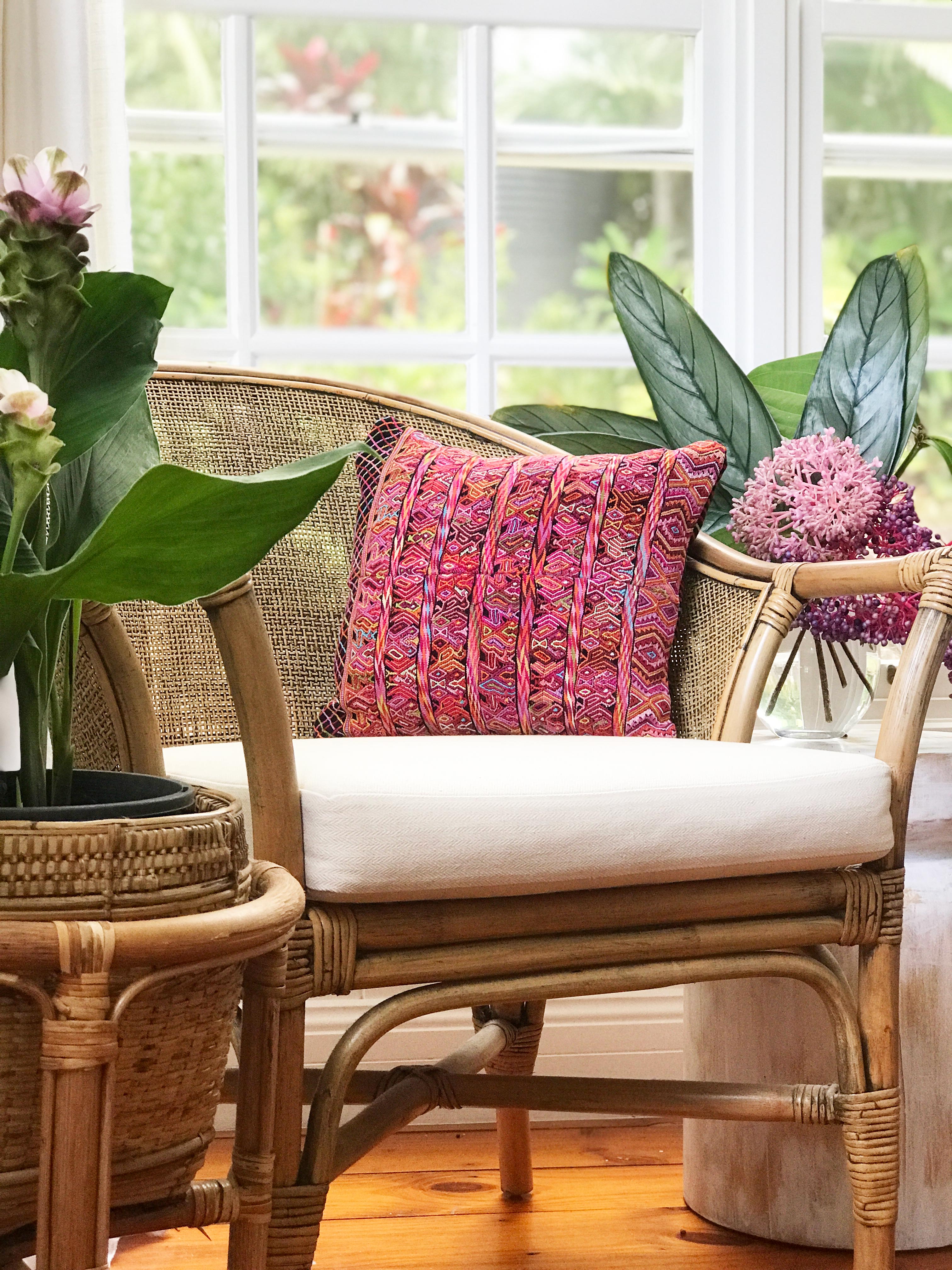Vintage textile cushion made from a Guatemalan huipil and corte