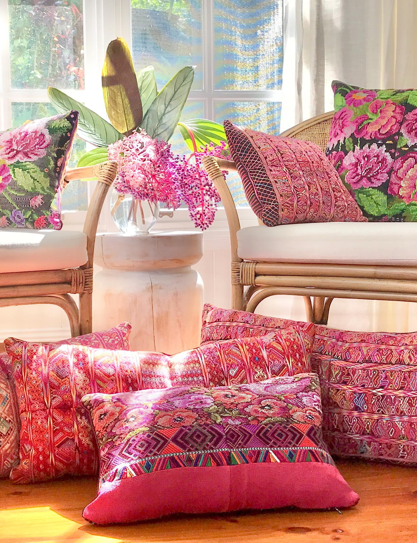 pink vintage huipil textile cushions