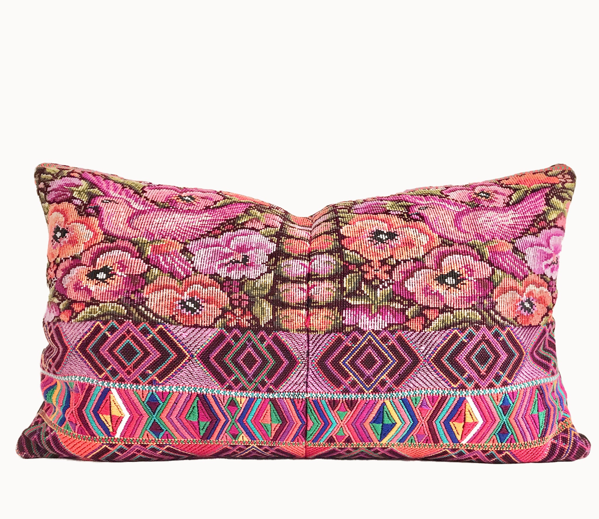 pink floral vintage huipil textile cushion
