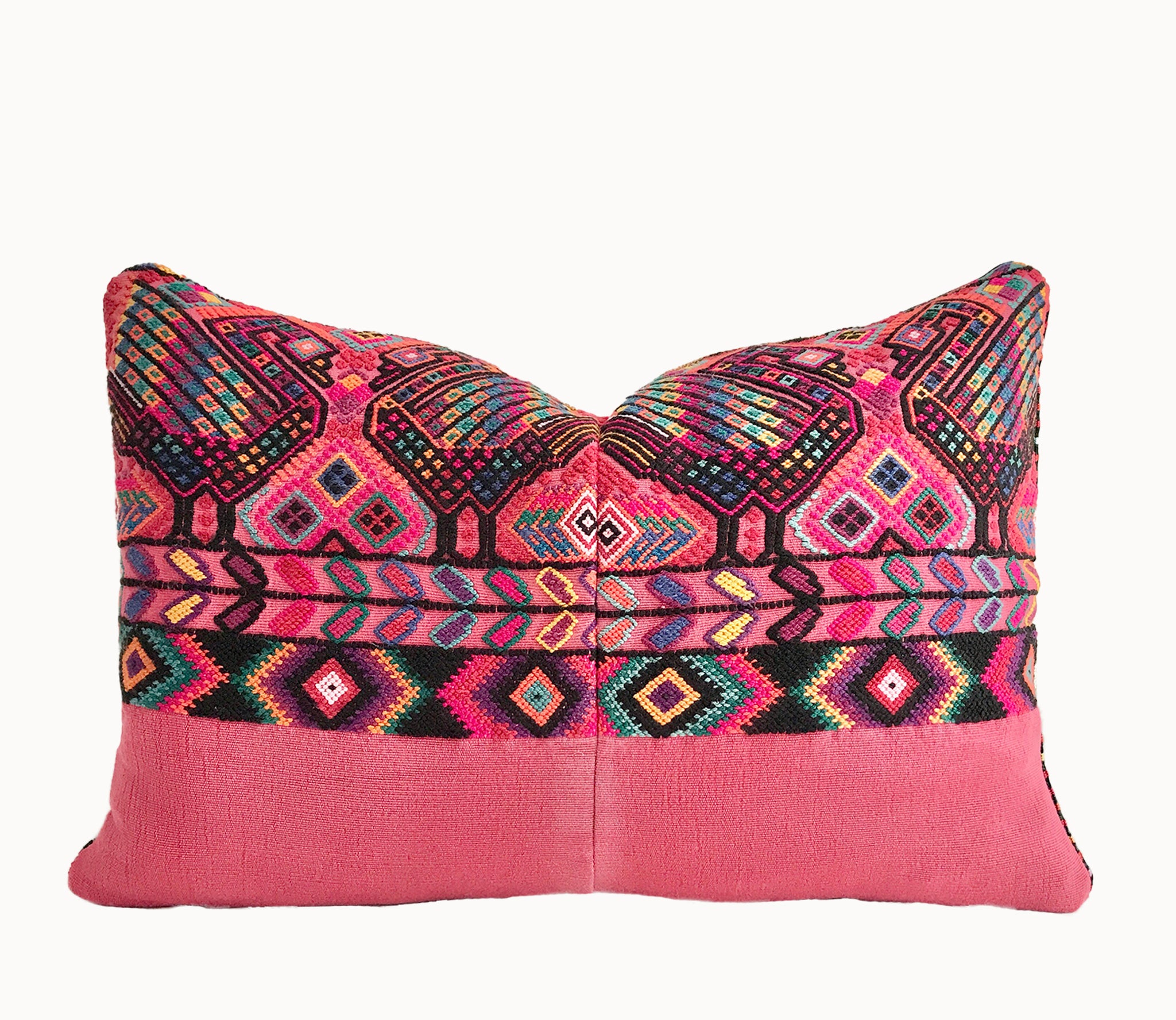 Vintage textile cushion made from a Guatemalan huipil and corte