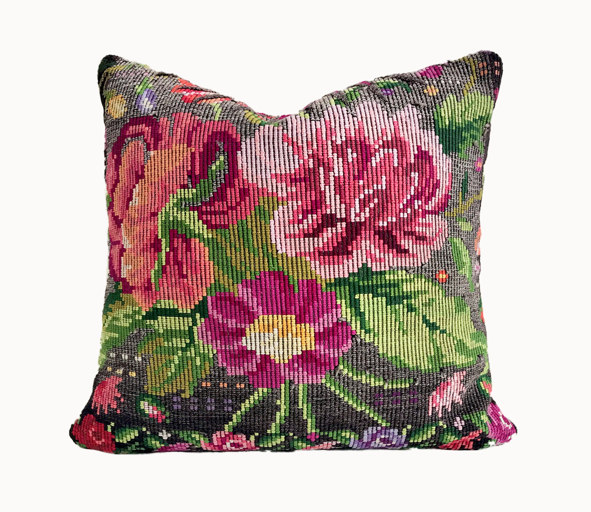 Vintage textile cushion made from a Guatemalan huipil and corte