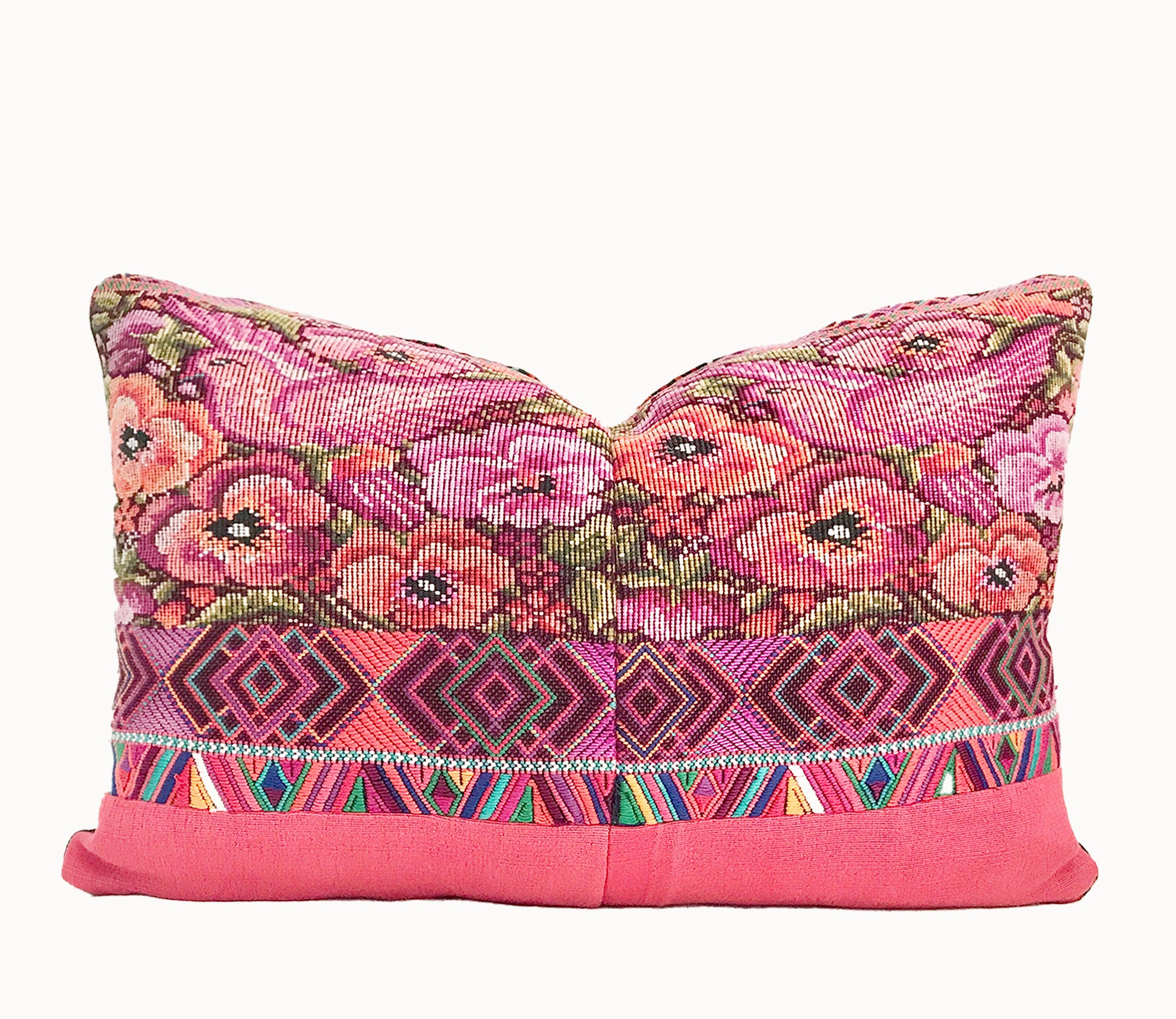 pink floral vintage huipil textile cushion