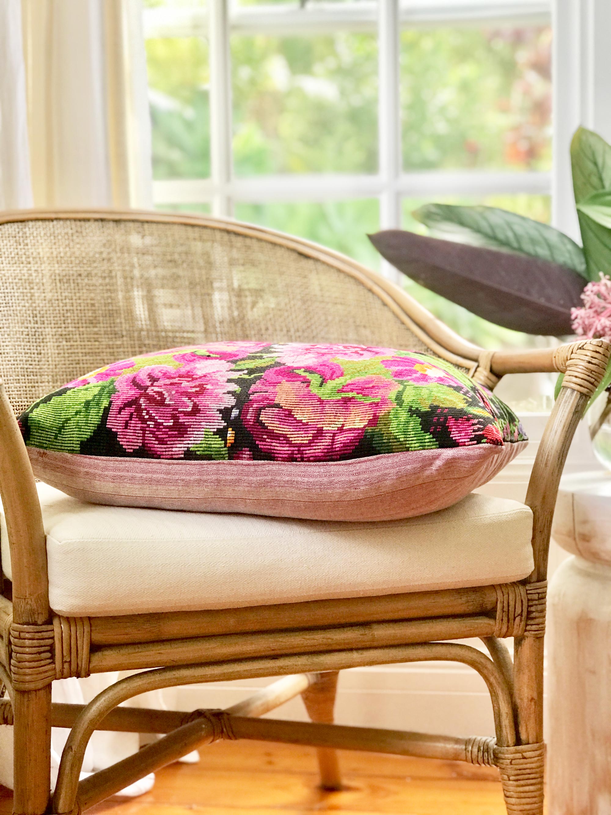 Floral pink vintage huipil textile cushion