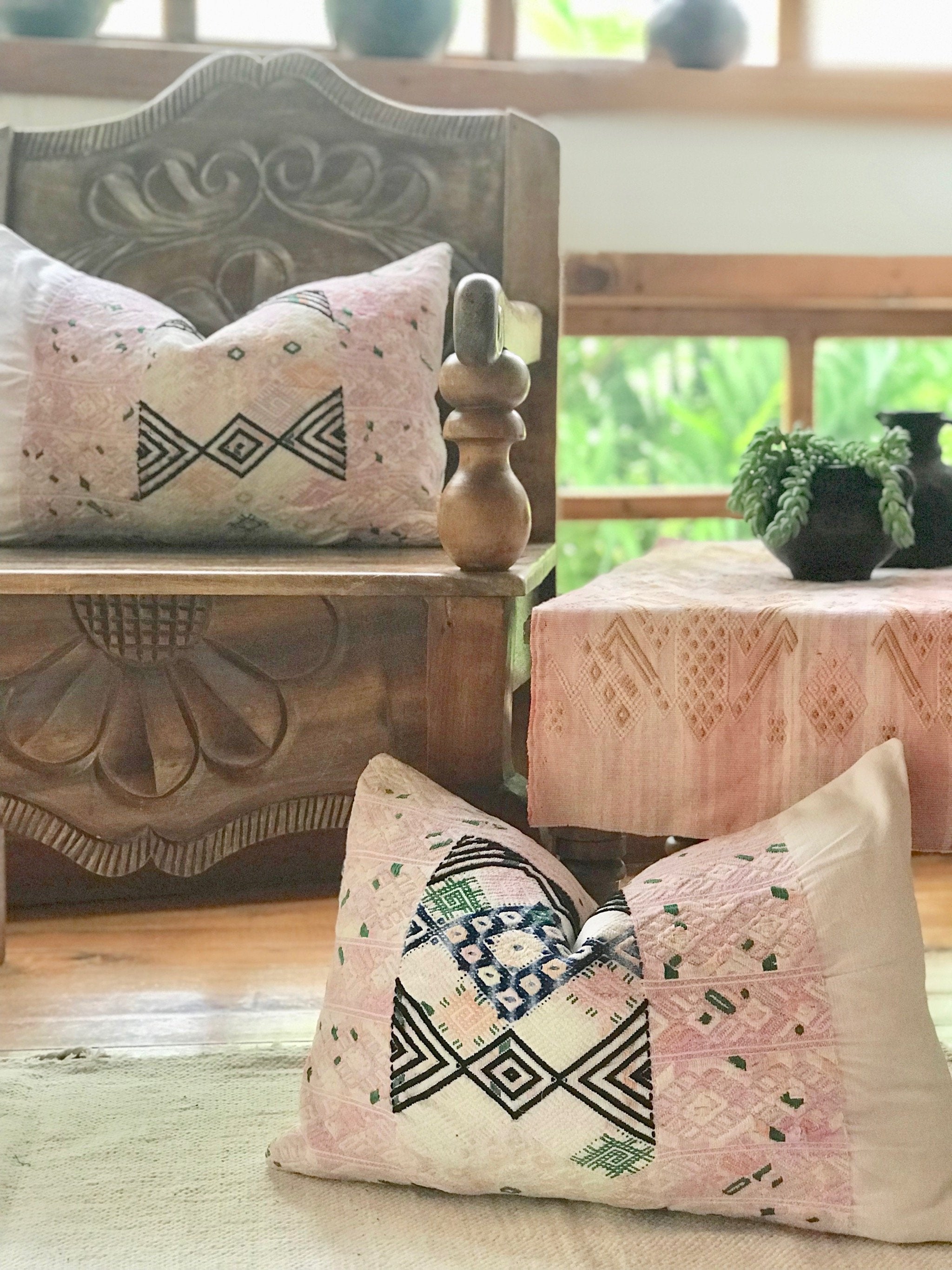 Guatemalan Huipil Pillow, vintage, hand woven pastel pink lumbar cushion from Nahuala