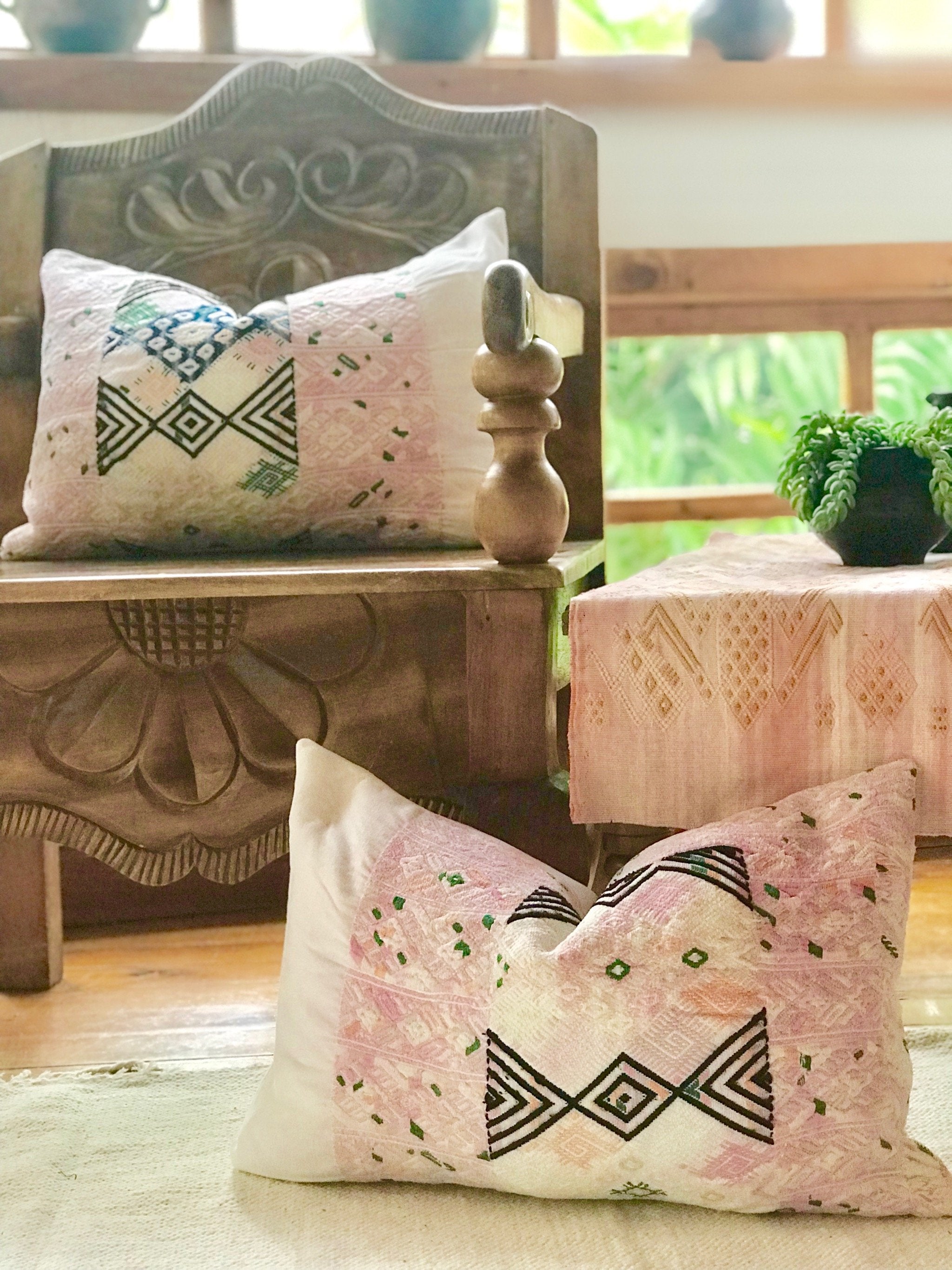 Guatemalan Huipil Pillow, vintage, hand woven pastel pink lumbar cushion from Nahuala